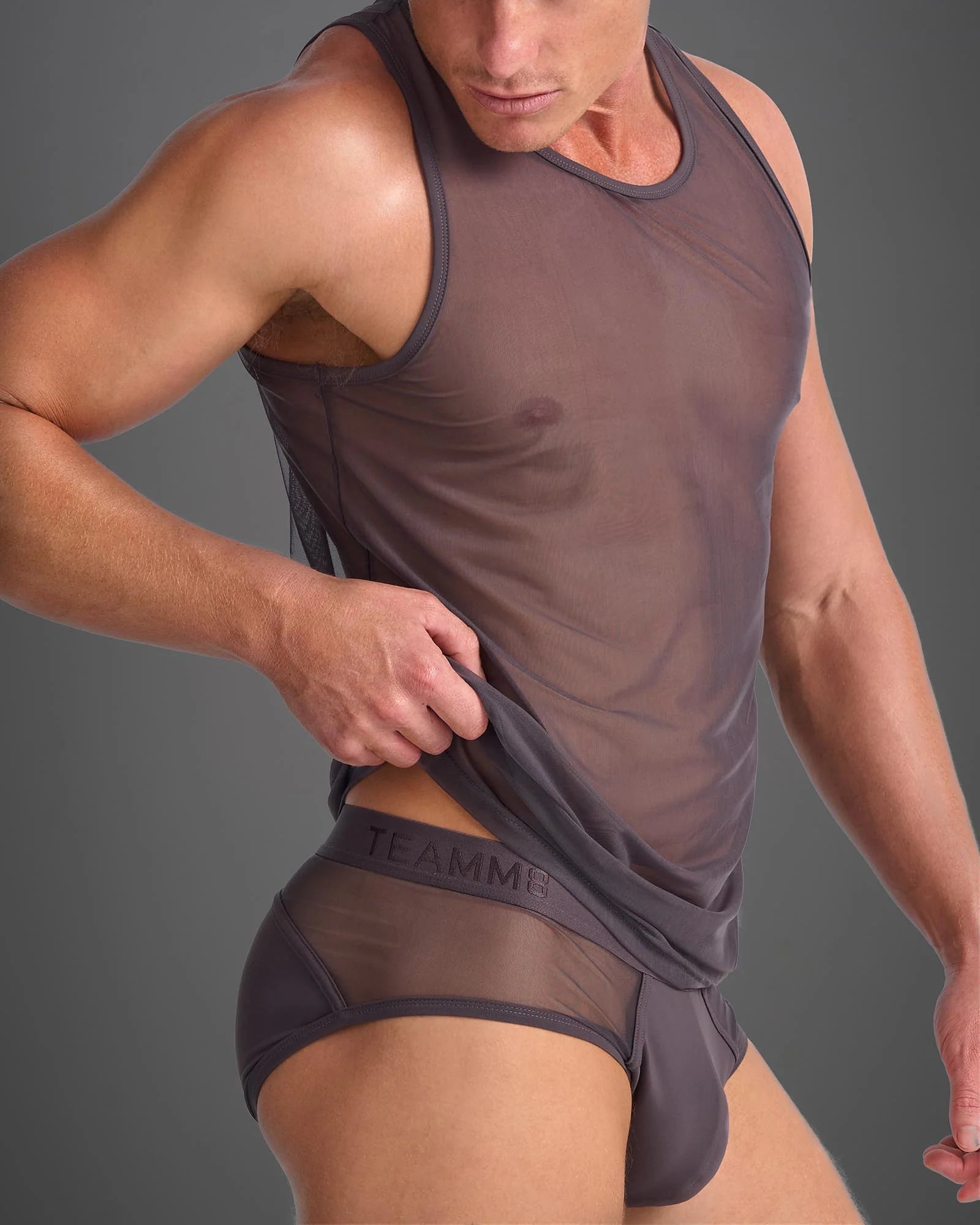 Teamm8 Score Sheer Tank Top - Mesh Athletic Shirt in Gunmetal | Workout, Running & Gym Performance Apparel