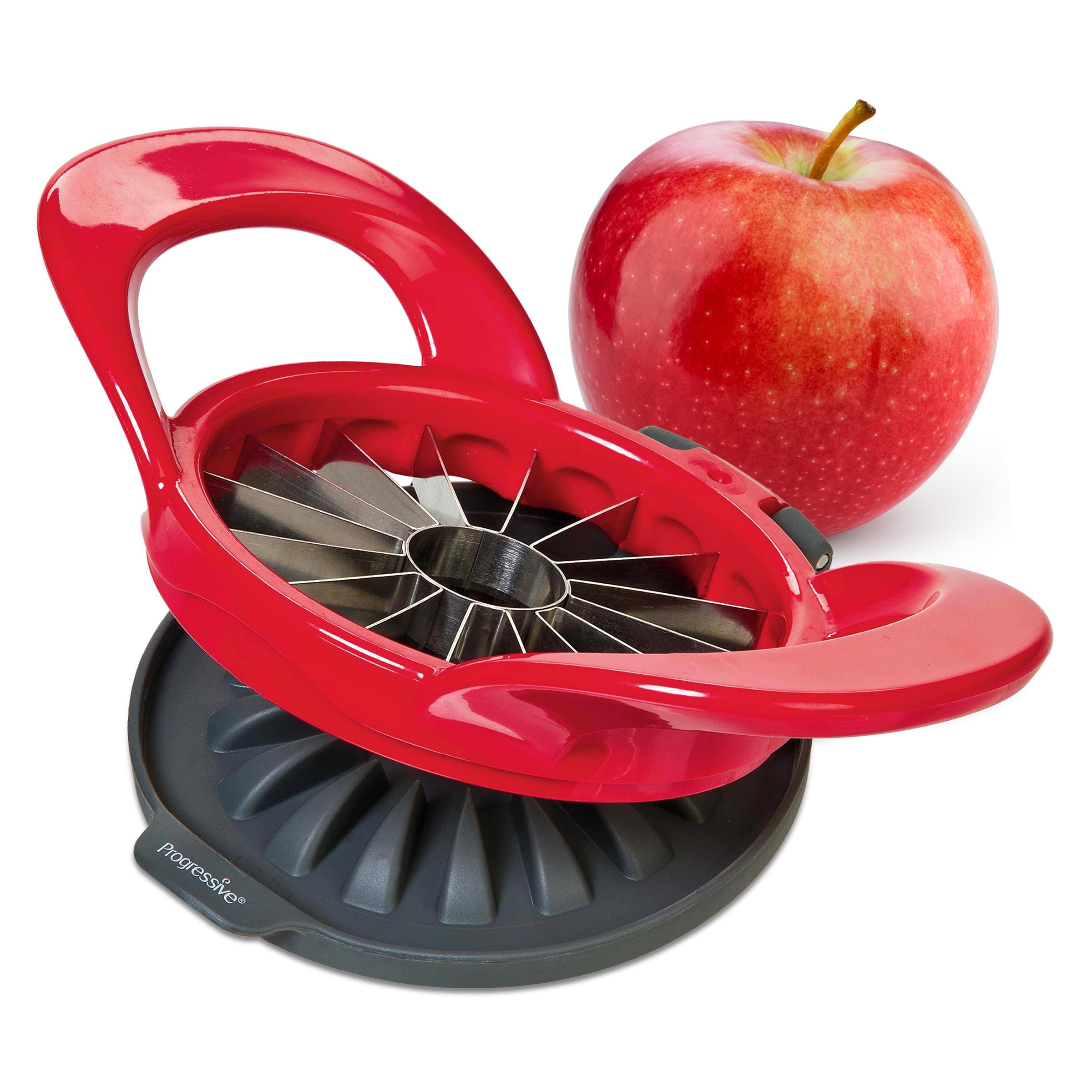 PrepWorks by Progressive 16-Slice Thin Apple Slicer and Corer - Dishwasher Safe with Safety Cover (Red) - Perfect for Fruit Salads, Baking, and Healthy Snacks