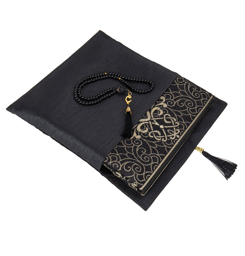 Premium Islamic Prayer Set - Elegant Black Prayer Mat & Tasbih Beads in Taffeta Gift Bag | Perfect for Ramadan, Eid, Hajj & Daily Prayers | Thoughtful Muslim Gift Idea