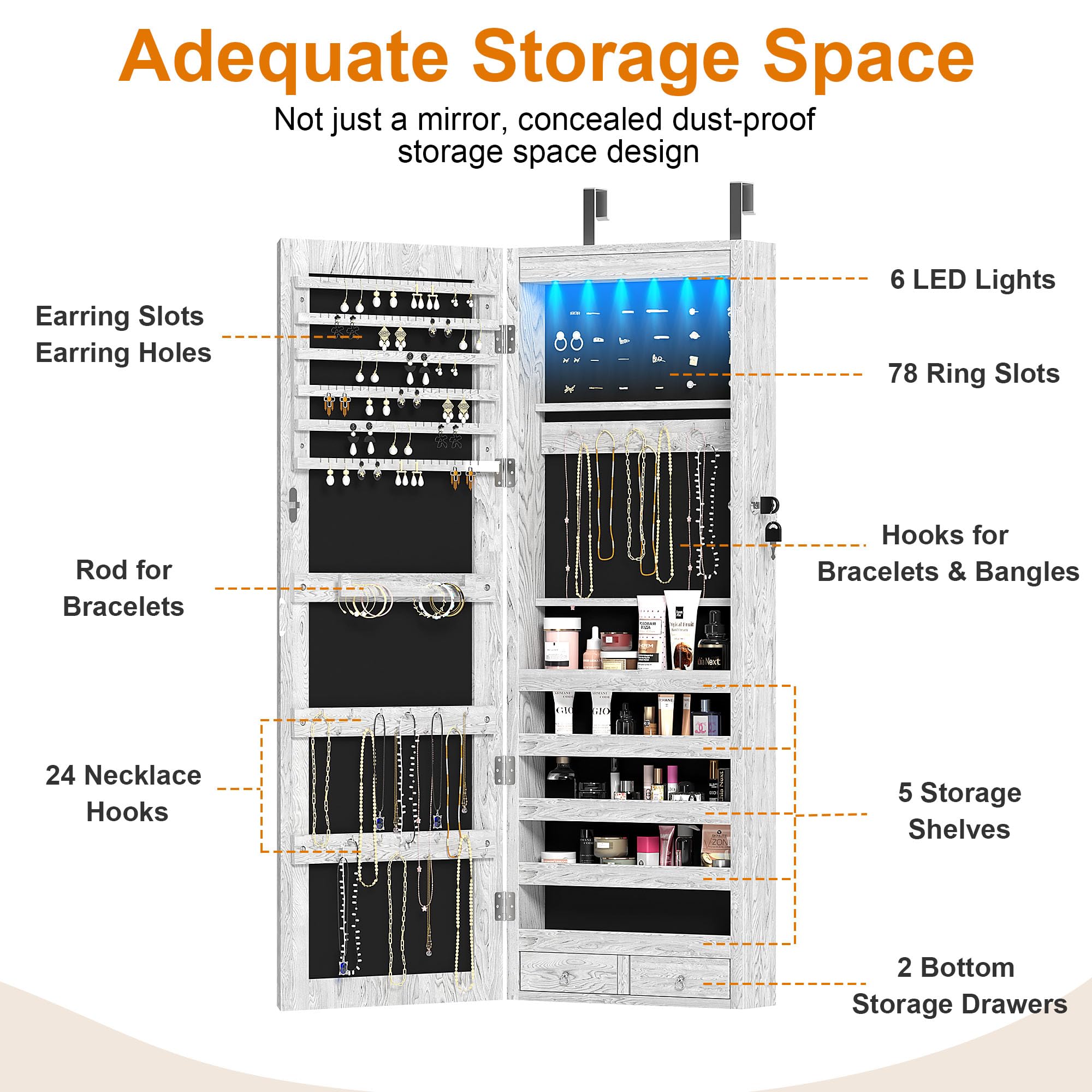 SogesFurniture 6 LED Wall Mounted Jewelry Cabinet with Full Length Mirror - White Jewelry Organizer with 2 Drawers & Hanging Storage | Perfect for Bedroom, Closet & Dressing Room Organization