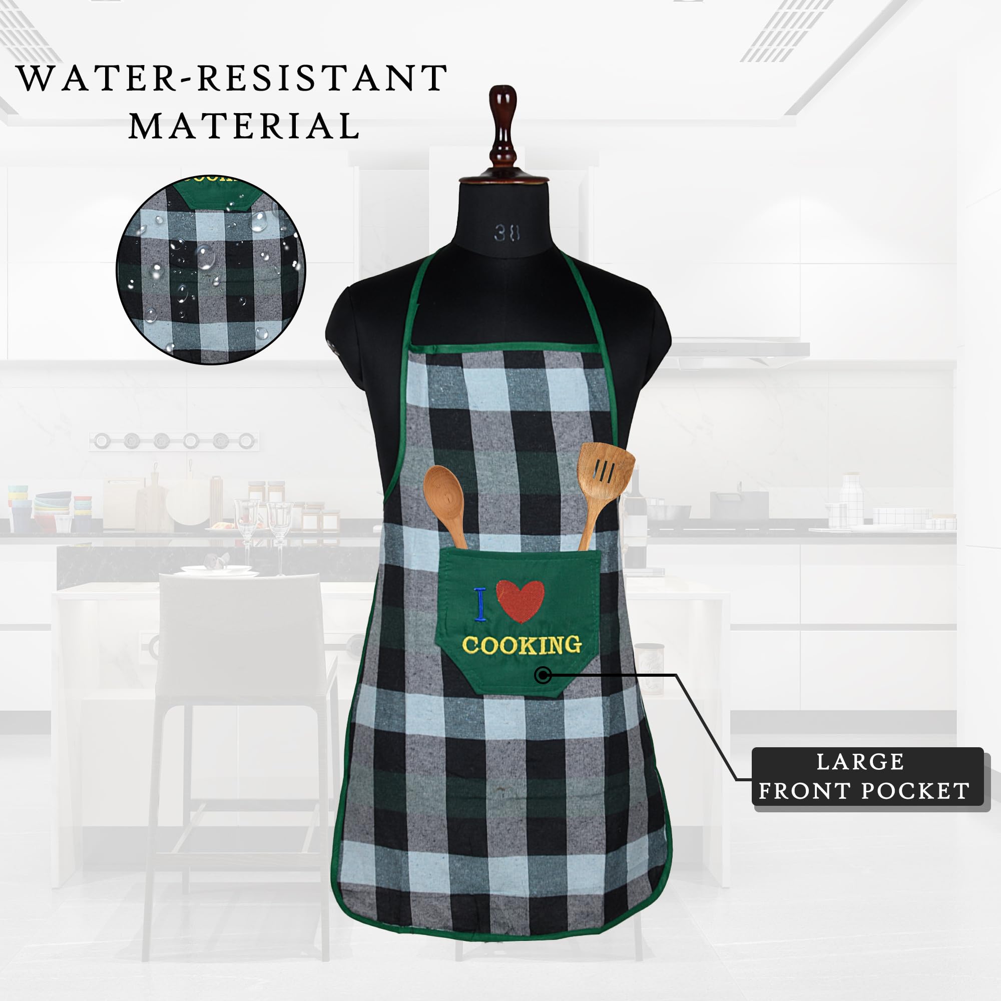 Kuber Industries Waterproof Kitchen Apron for Women & Men - Chef & Restaurant Apron with Front Pocket - Durable Cooking Apron in Bada Check Green - Perfect for Home Cooking, BBQ, Baking & Professional Kitchens
