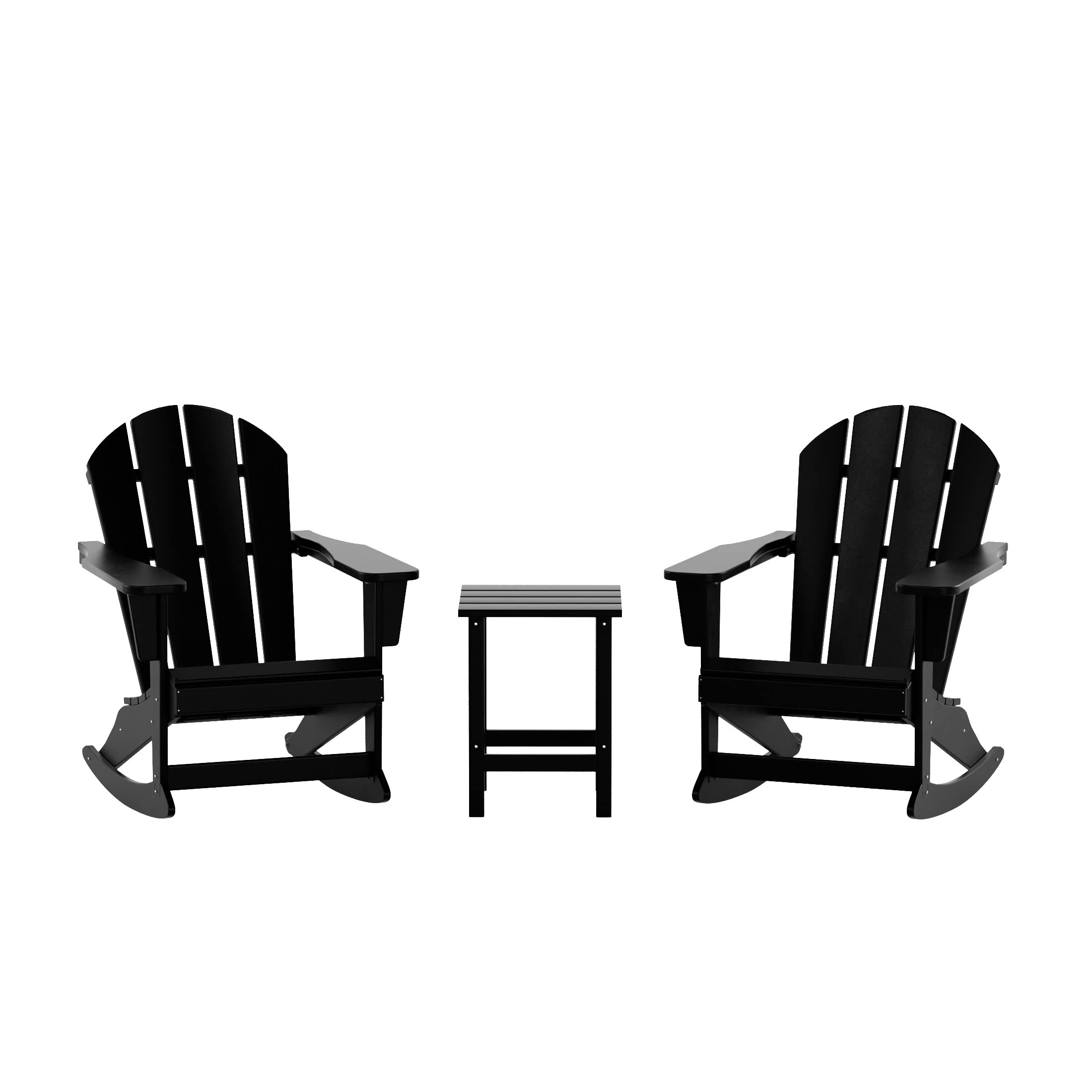 WO Home Furniture 3-Piece Patio Rocking Chair Set - Classic Outdoor Adirondack Rocker Chairs with Matching Table (Black) - Perfect for Backyard, Garden, Porch & Poolside Relaxation