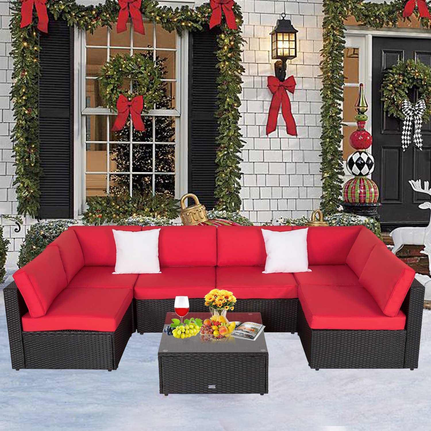 7-Piece Outdoor Sectional Sofa Set with Cushions - Kinbor All-Weather Wicker Patio Furniture in Red | Perfect for Backyard, Garden, Poolside & Deck Relaxation