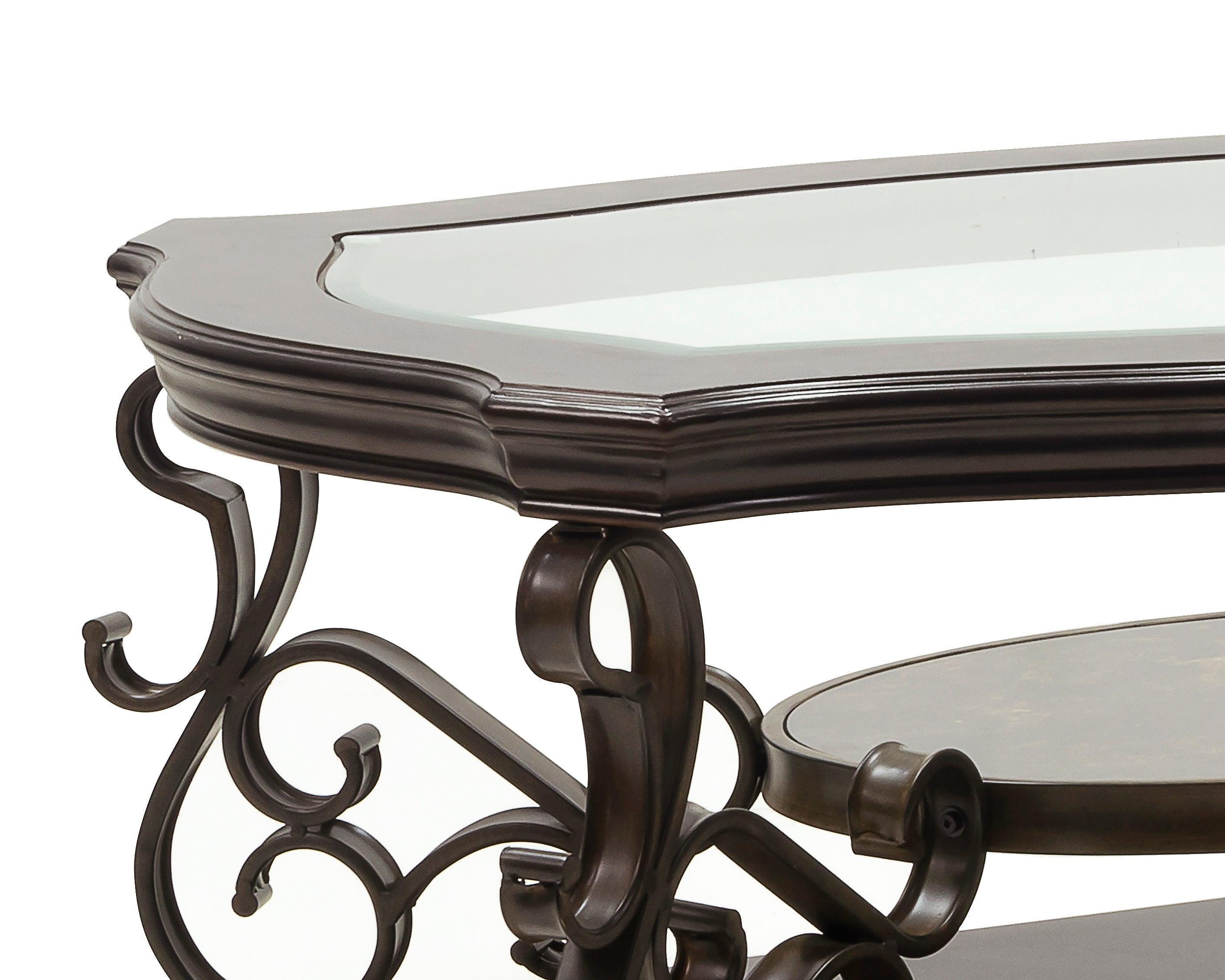 Modern Cocktail Table with Glass Top & MDF Marble-Pattern Shelf - Powder Coated Metal Legs (52