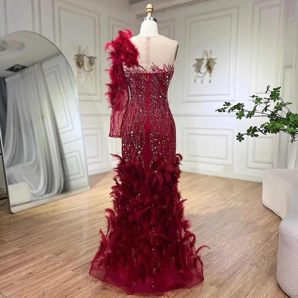 Elegant Arabic Wine Red Mermaid Evening Gown with Feathers & Beading - Luxury Women's Formal Dress for Weddings, Parties & Special Occasions - Perfect for 2025 Events & Red Carpet Glamour