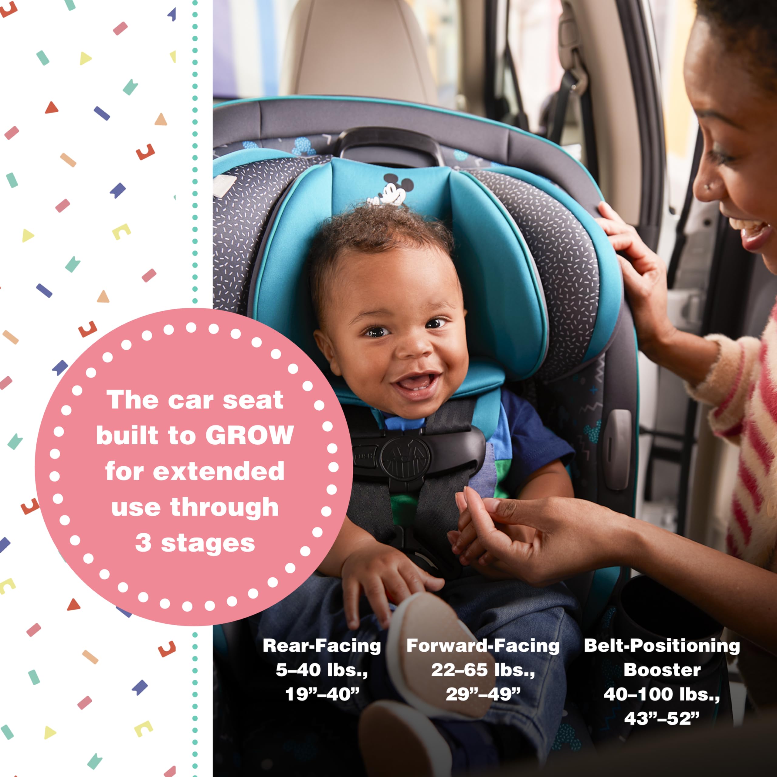 Disney Minnie Mouse Convertible Car Seat for Infants & Toddlers - Rear Facing 5-40 lbs, Forward Facing 30-65 lbs, Booster 40-100 lbs - 3-in-1 Safety Car Seat for Baby to Big Kid - Perfect for Travel, School Runs & Family Road Trips