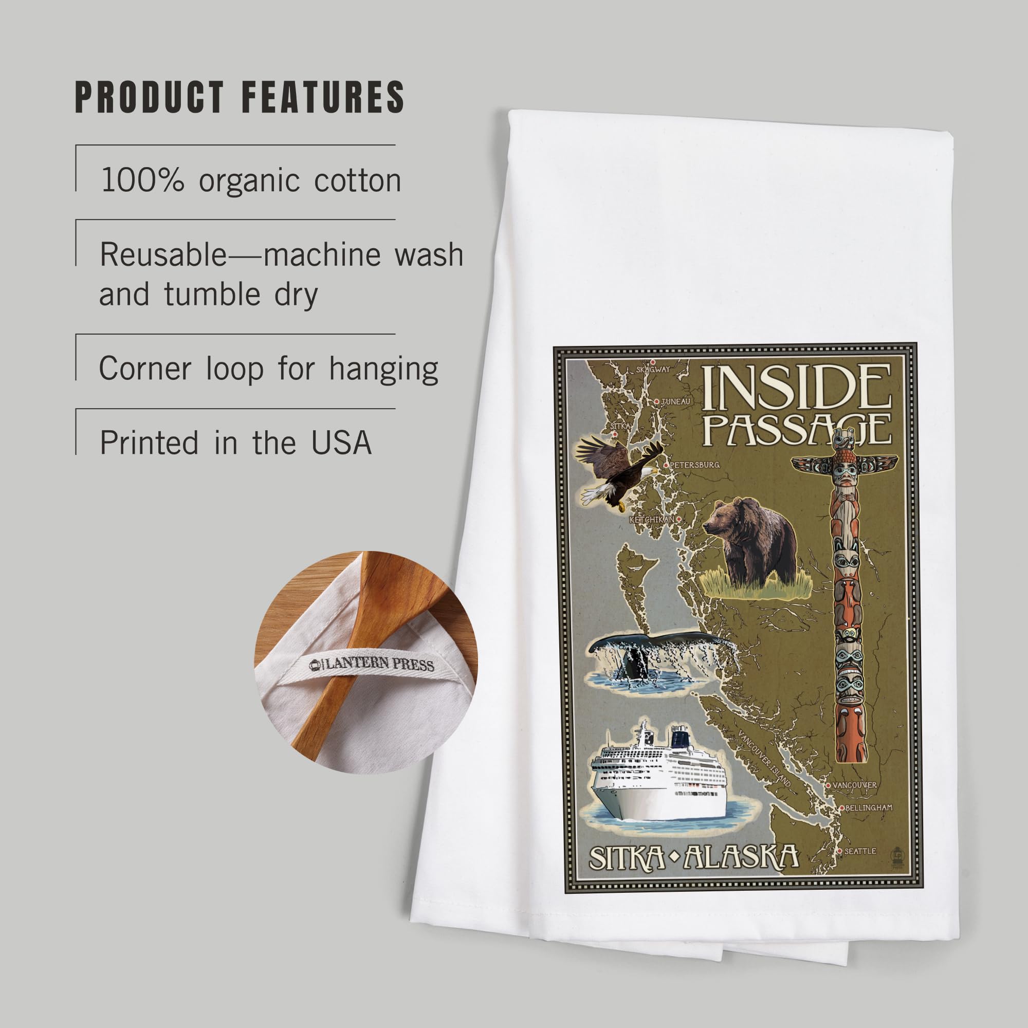 Lantern Press Sitka Alaska Inside Passage Map - 100% Cotton Tea Towel & Decorative Hand Towel for Kitchen, Home Decor - Perfect for Dish Drying, Wall Art, and Gift Giving
