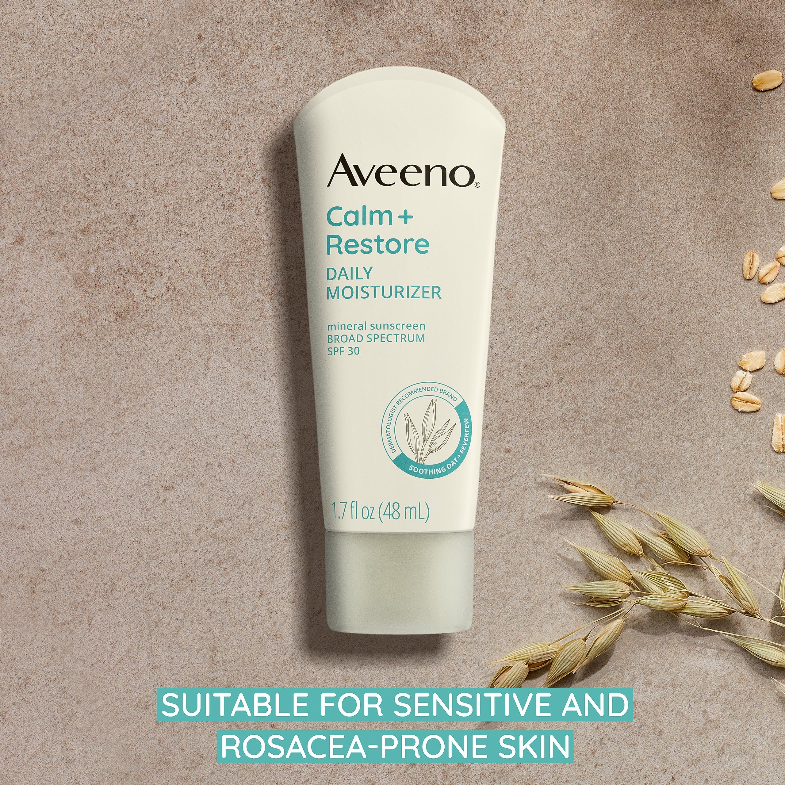 Aveeno Calm + Restore Daily Moisturizer with SPF 30 Mineral Sunscreen | Broad Spectrum UVA/UVB Protection | Lightweight Hydration for Sensitive Skin | Fragrance Free | 1.7 fl. Oz | Perfect for Daily Skincare & Outdoor Activities