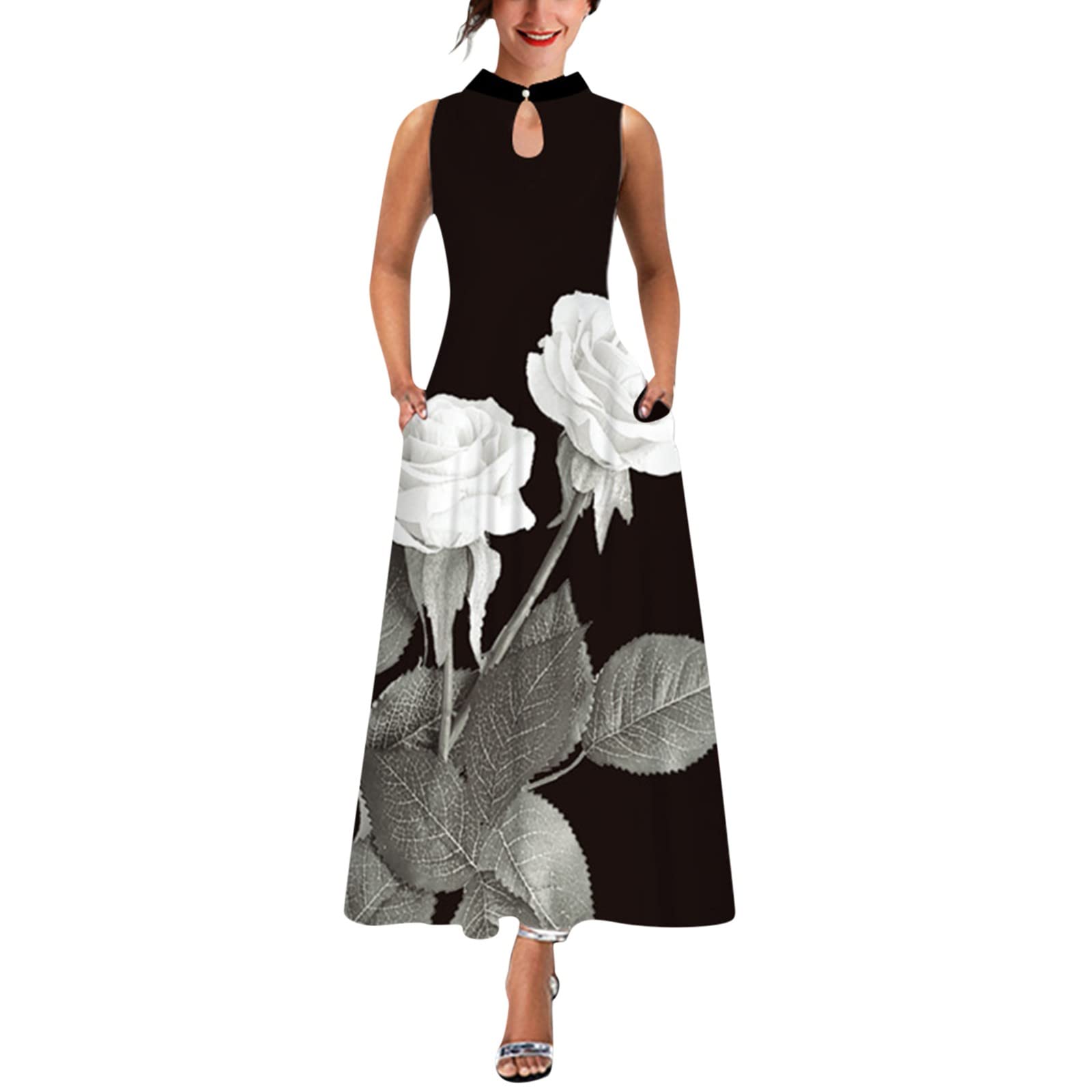 Women's Floral Print Sleeveless Maxi Dress - Boho Beach Sundress with Stand Neck & Loose Fit - Perfect for Summer Vacations, Beach Parties, and Casual Outings