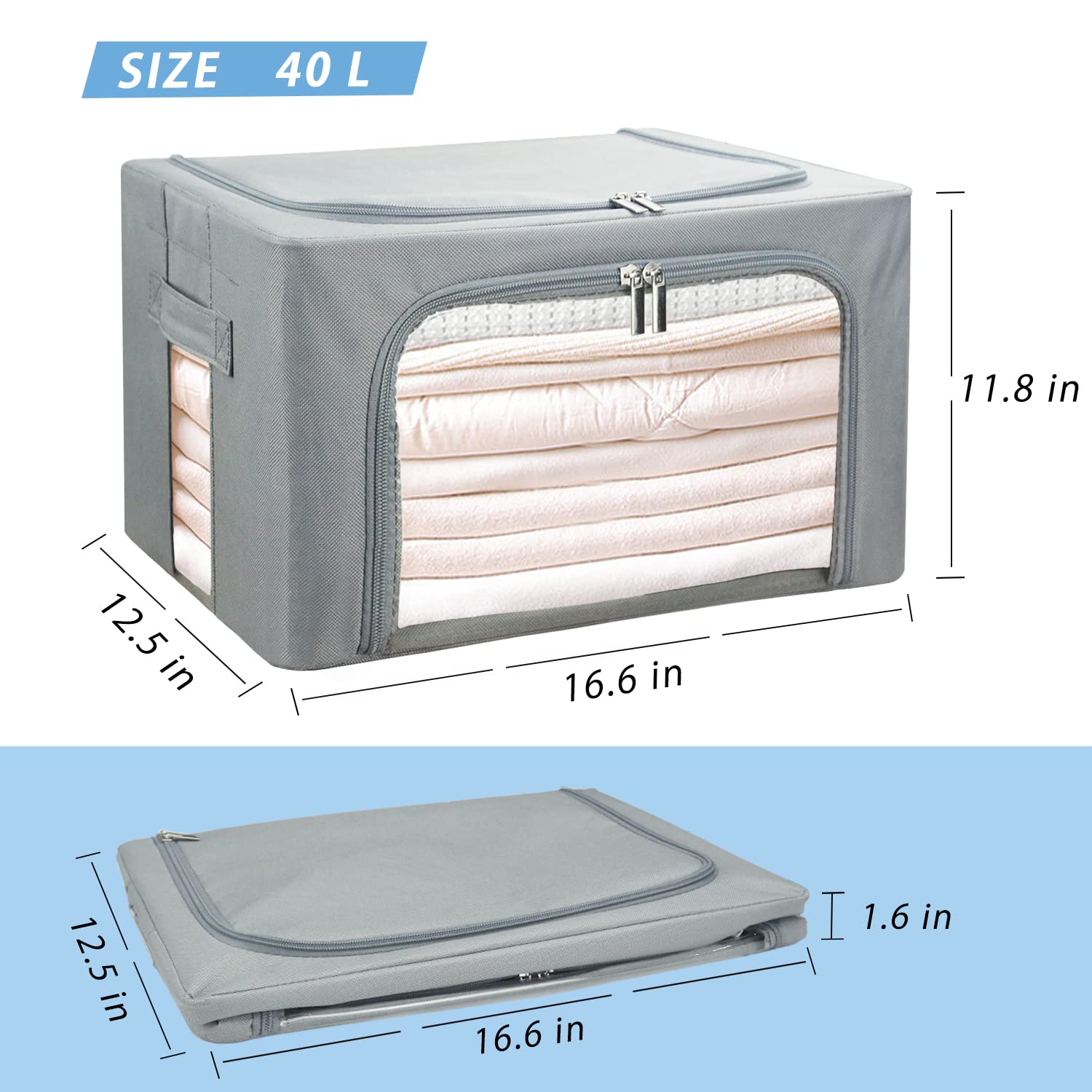 Foldable Stackable Clothes Storage Bins - 3 Pack Medium (40L) Grey - Sturdy Frame Organizer for Seasonal Clothing, Blankets, Towels, Bed Sheets & Toys - Perfect for Closet, Shelf & Home Organization