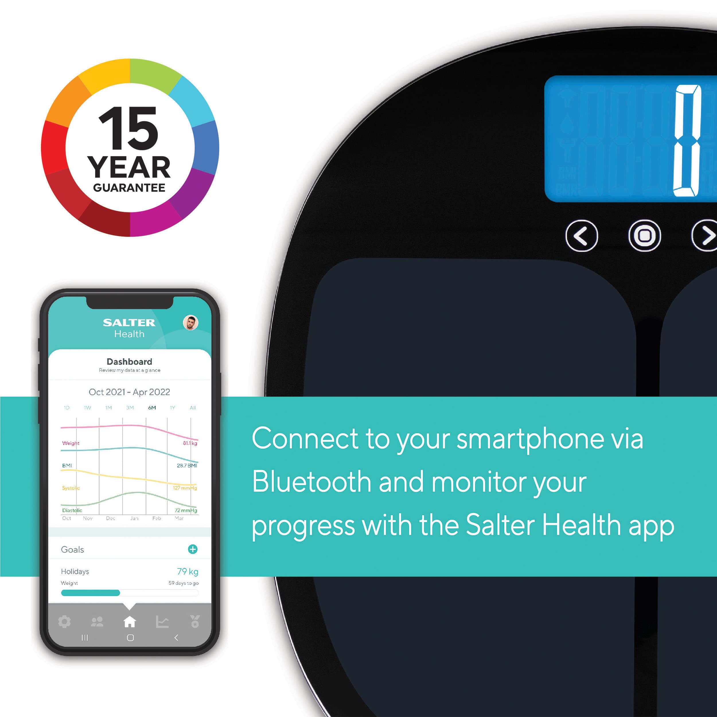 Salter 9192 BK3R Smart Body Composition Scale - Digital Bathroom Scale with Bluetooth, Measures Weight, Body Fat, Water, Muscle & Bone Mass, BMI/BMR - Syncs with Salter Health App for Fitness Tracking & Health Monitoring at Home