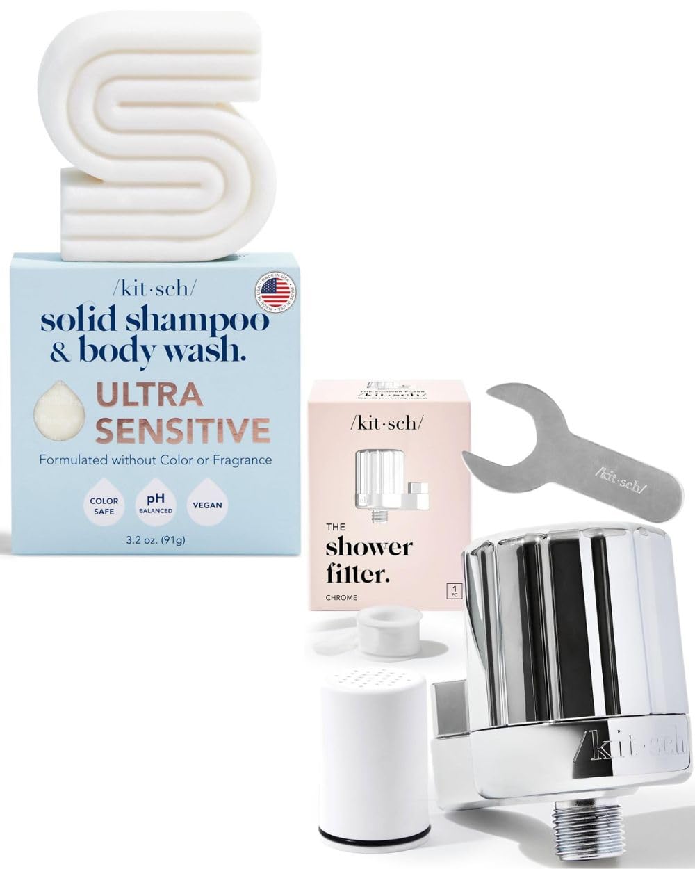 Kitsch 2-in-1 Shampoo & Body Wash Bar with Shower Head Filter - Natural Hair & Skin Care for Travel & Eco-Friendly Home Use