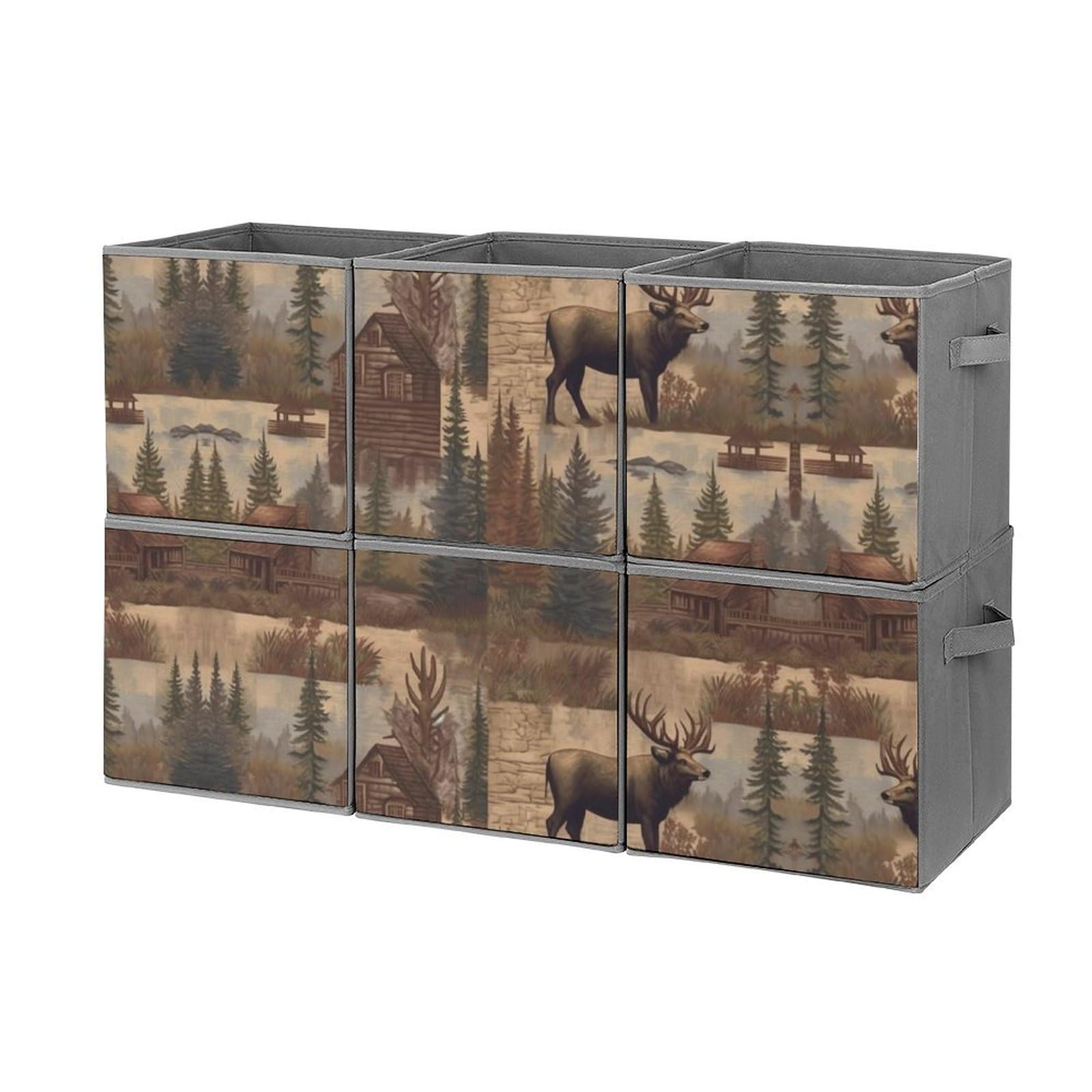 Rustic Lodge Bear Moose Collapsible Storage Bins Set of 6 - Foldable Fabric Baskets with Handles for Closet, Bedroom & Home Organization - Perfect for Clothes, Toys, Blankets & Seasonal Storage