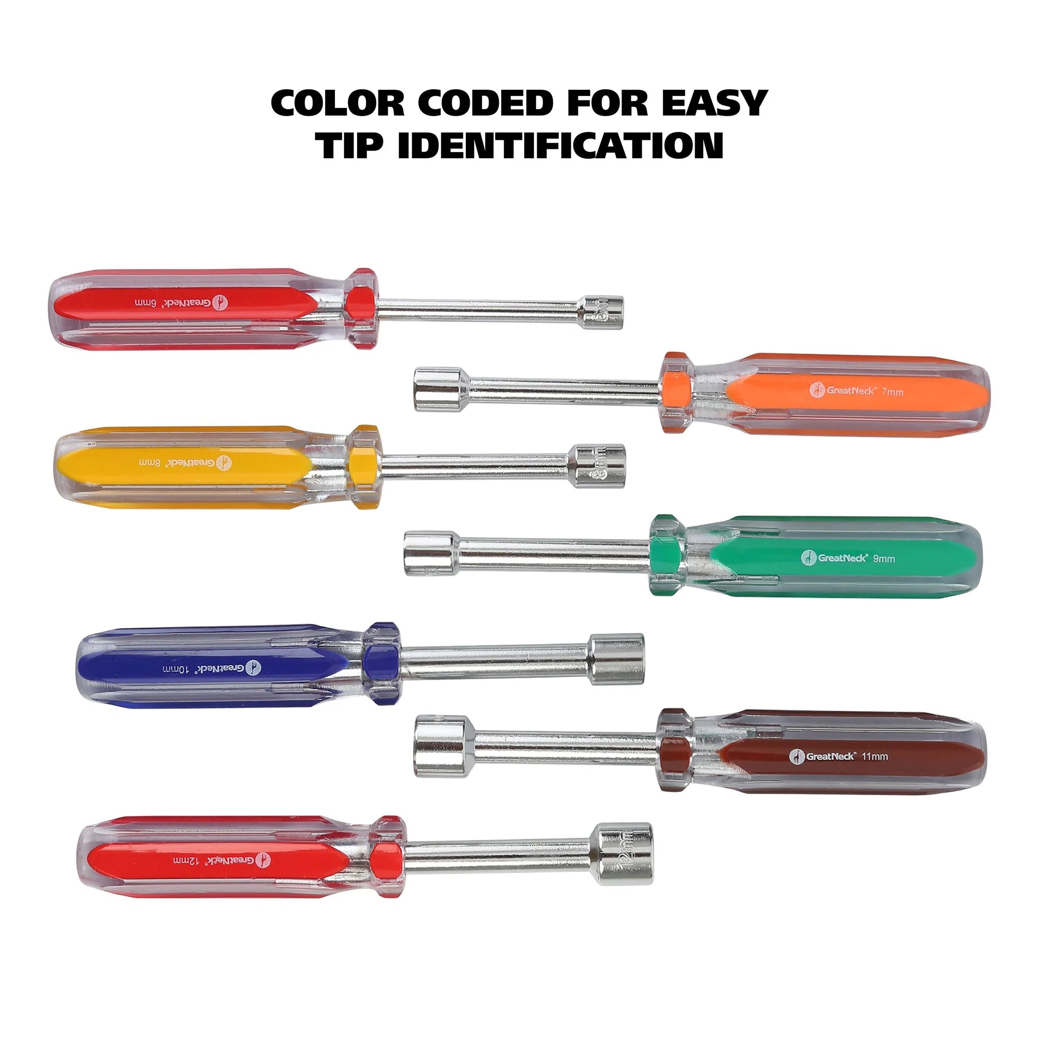 GreatNeck ND71 7-Piece Metric Professional Nut Driver Set - Hollow Shaft, Rust-Resistant with Acetate Handles | Perfect for Automotive Repair, Machinery Maintenance & DIY Projects