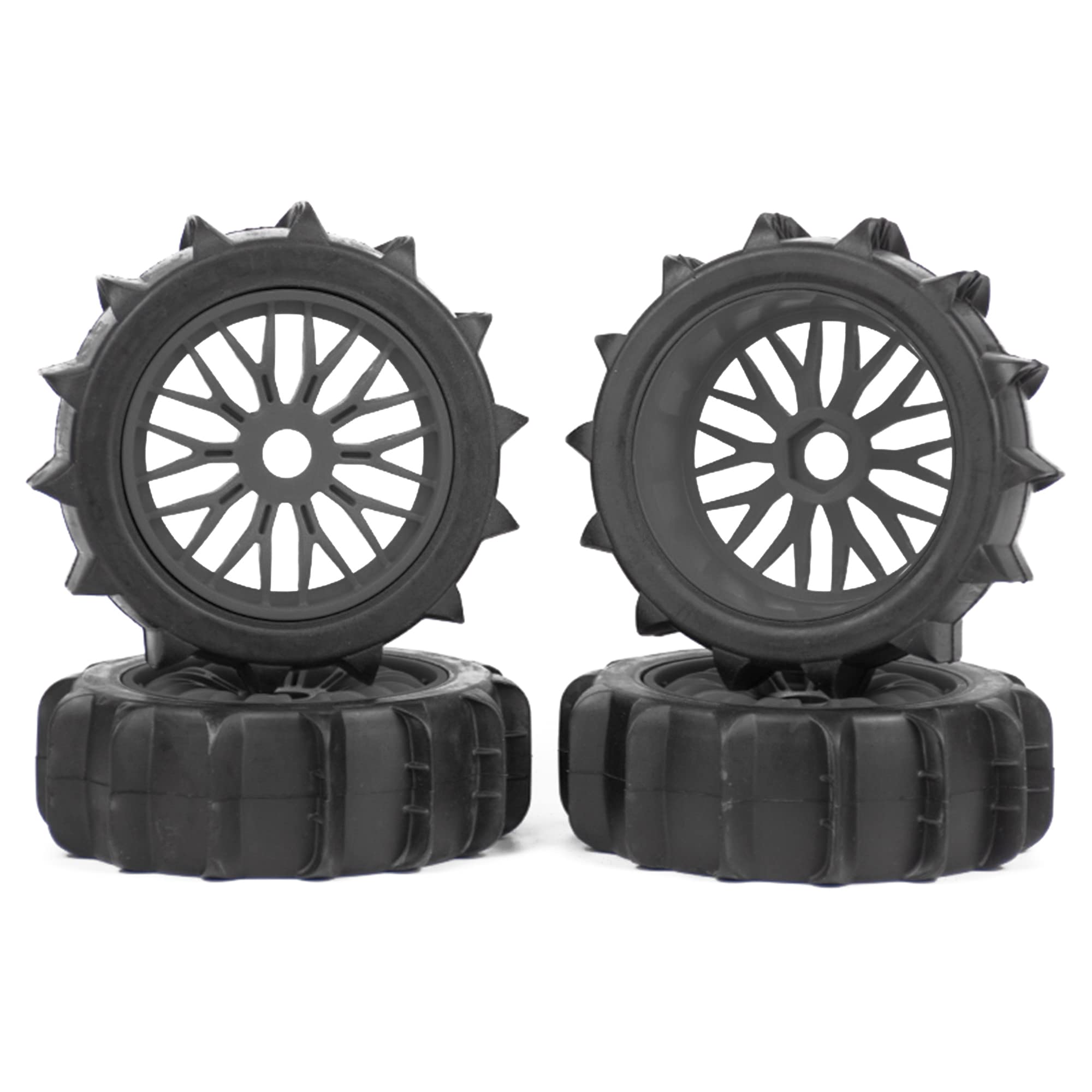 1/8 Scale RC Paddle Tires with Plastic Wheel Rims - Off-Road Sand & Snow Tires for RC Cars, Buggies, and Short Course Trucks (4-Pack, Black) - Perfect for Dune Bashing and Winter RC Adventures
