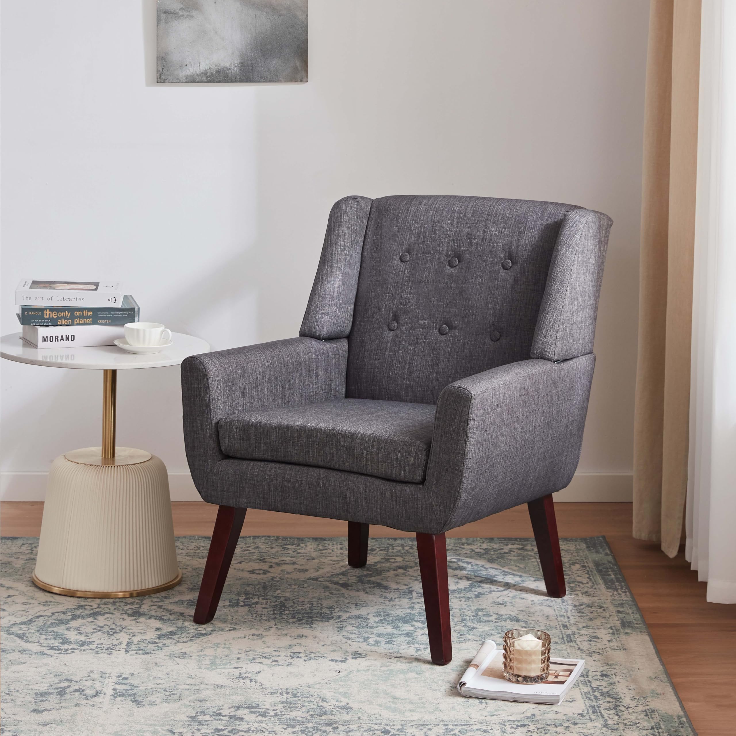 HUIMO Mid Century Modern Accent Chair - Upholstered Button Tufted Armchair with Linen Fabric, Comfortable Reading Chair for Living Room, Bedroom & Office (Grey) - Perfect for Relaxing, Reading & Home Decor