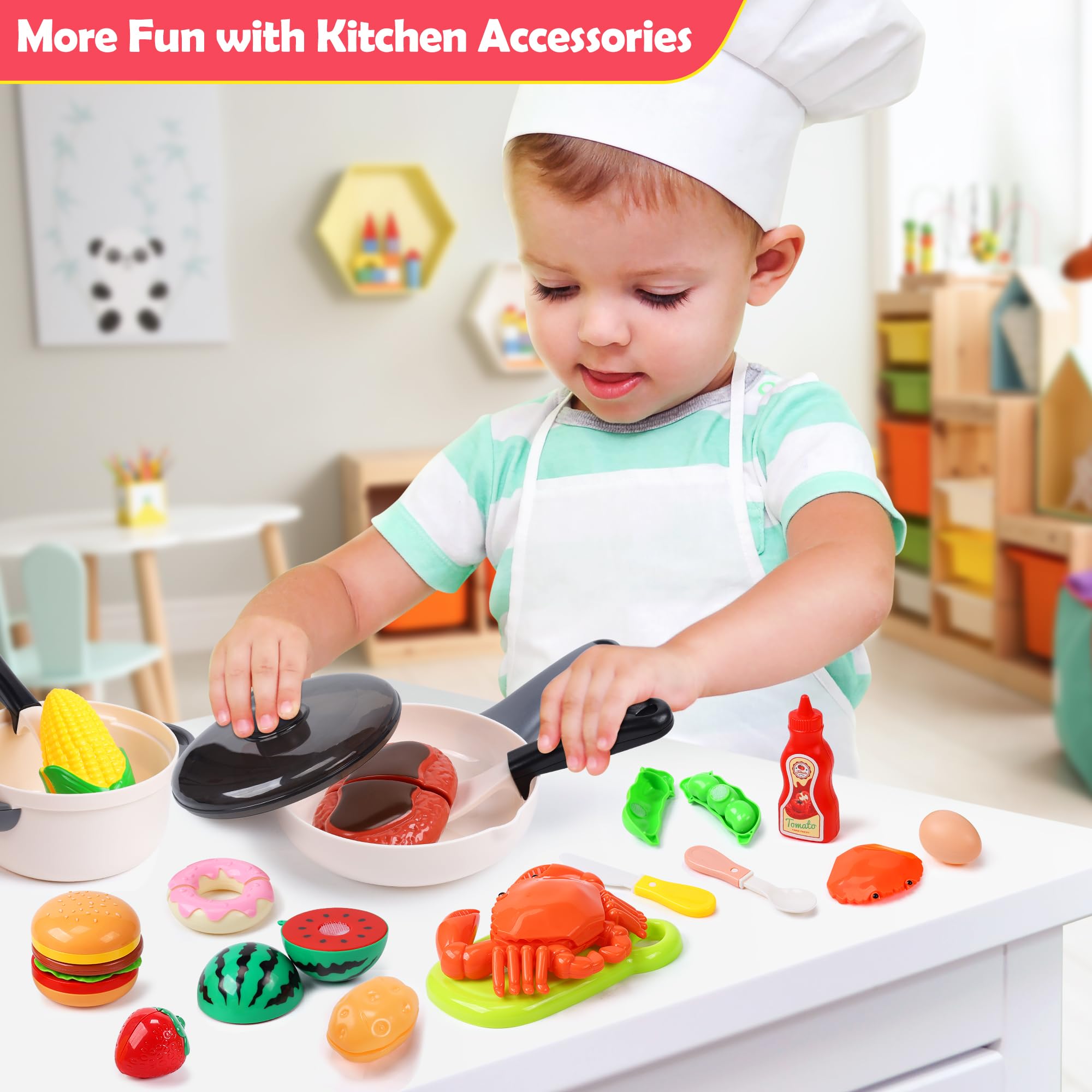 HOLYFUN Kids Kitchen Play Food Toy Set - 30-Piece Pretend Cutting Fruits & Vegetables, Pots, Pans & Plastic Dishes - Educational Pretend Play for Toddlers & Preschoolers (Boys & Girls) - Perfect for Role Play, Birthday Gifts & Early Learning Activities