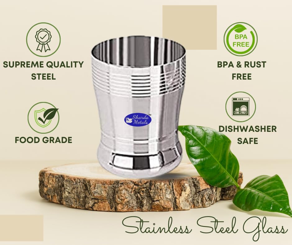Sharda Metals Stainless Steel Water Glasses Set of 2 - 350ml (12oz) BPA-Free, Durable & Rustproof Drinking Cups for Home, Office, Restaurant, and Outdoor Use