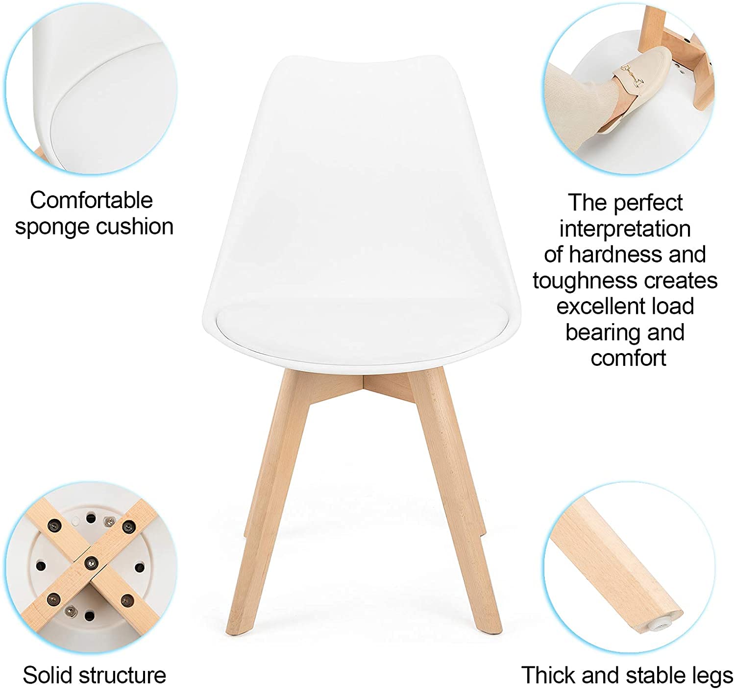 Scandinavian Modern Dining Chairs Set of 4 - Solid Beech Wood Legs with Padded Upholstered Seats in White - Perfect for Kitchen, Dining Room or Breakfast Nook