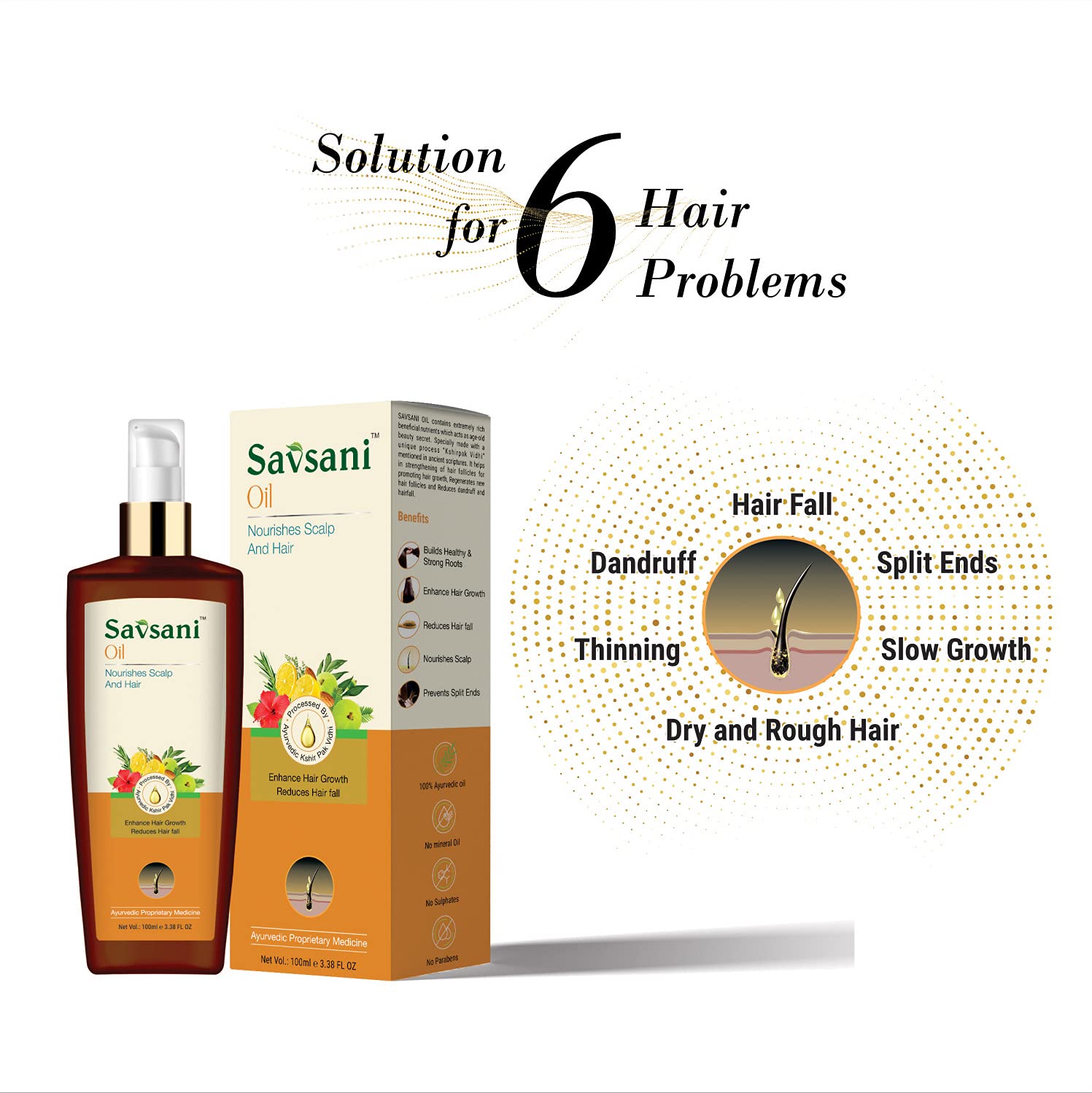 SAVSANI Natural Hair Oil - 100ml | Paraben-Free, Sulfate-Free, Silicone-Free, No Mineral Oil or Paraffin | Nourishes & Repairs Dry, Damaged Hair for Shine & Strength | Perfect for Daily Hair Care & Scalp Treatment