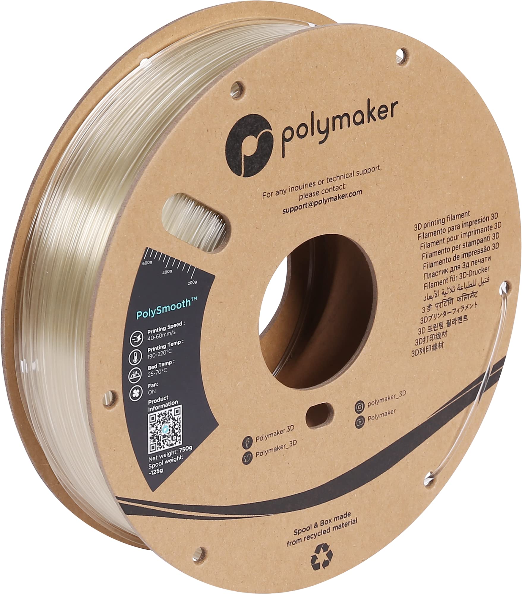 Polymaker PolySmooth PVB 3D Printer Filament 1.75mm Clear Transparent - 750g Cardboard Spool | Easy Smoothing with IPA Alcohol | Compatible with Polysher | Perfect for Prototyping, Cosplay Props & Artistic Creations