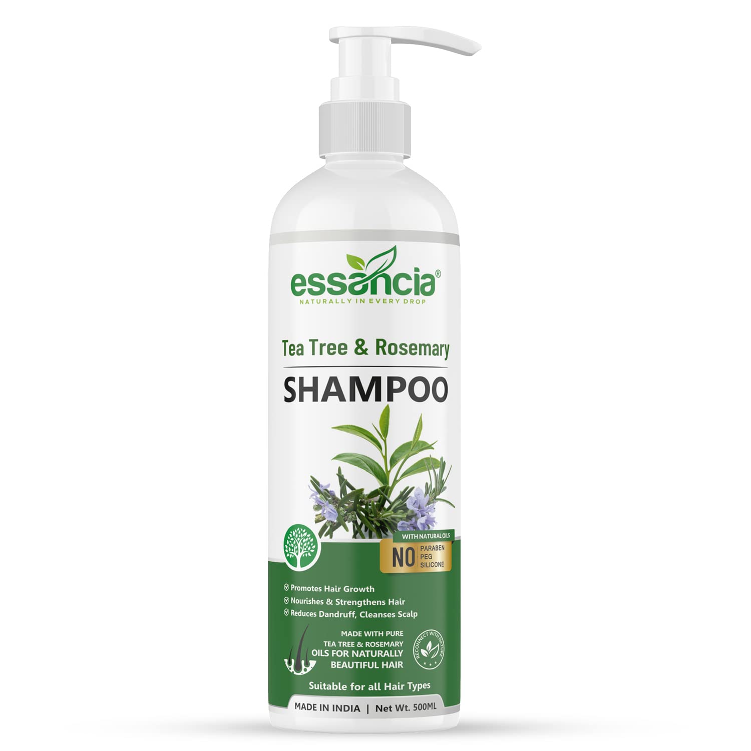 Essencia Tea Tree & Rosemary Oil Shampoo for Dandruff Control & Hair Growth - Sulfate Free, Paraben Free, Silicone Free Formula (500ml) | Gentle Daily Use for Men & Women | Perfect for Scalp Care & Thicker Hair
