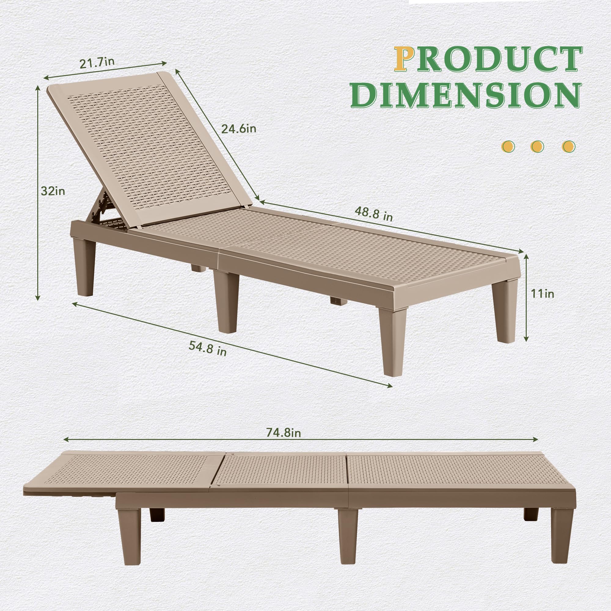 JUMMICO 2-Pack Adjustable PE Waterproof Patio Chaise Lounge Chairs - Light Brown Outdoor Recliners for Pool, Garden, Deck & Beach - Easy Assembly Weather-Resistant Sunbathing Furniture