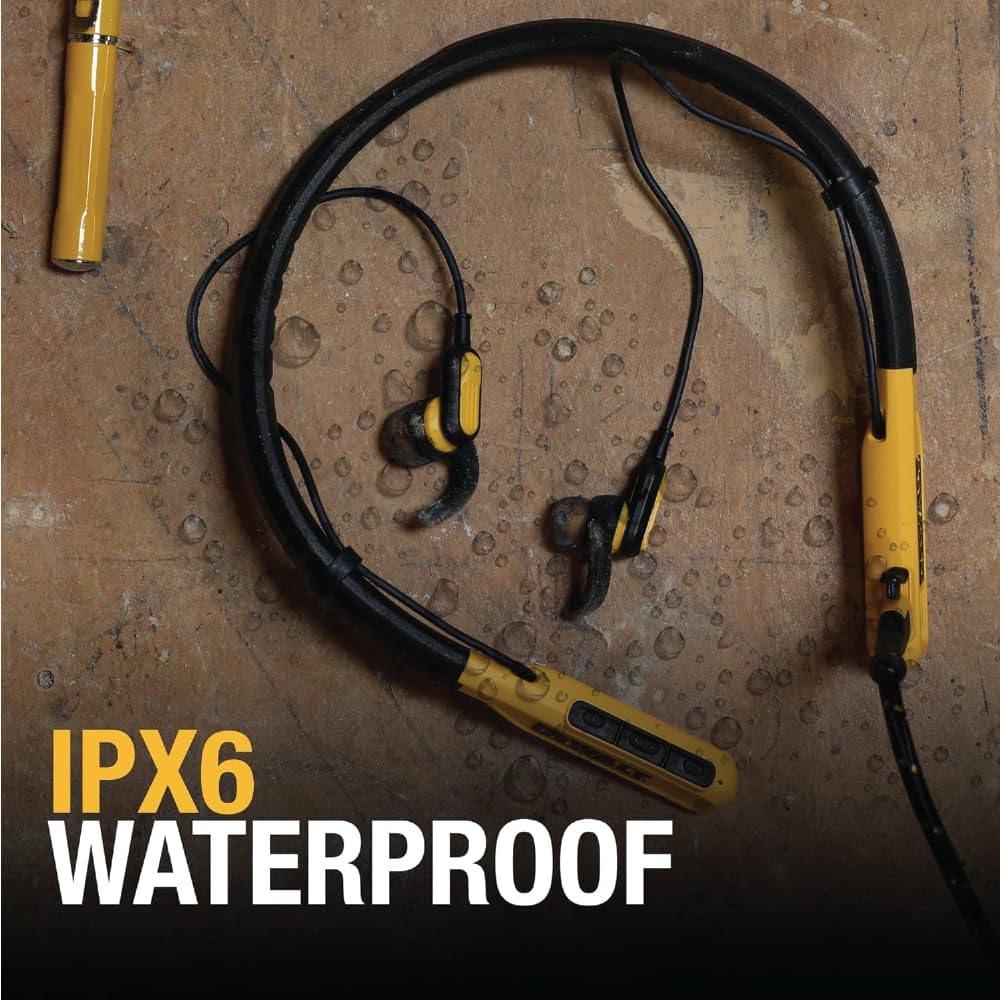 DEWALT Wireless Bluetooth Neckband Headphones - 30H Battery Life, Magnetic Noise-Isolating Earbuds, Built-in Mic for Clear Calls - Perfect for Construction Sites, Workouts & Commuting