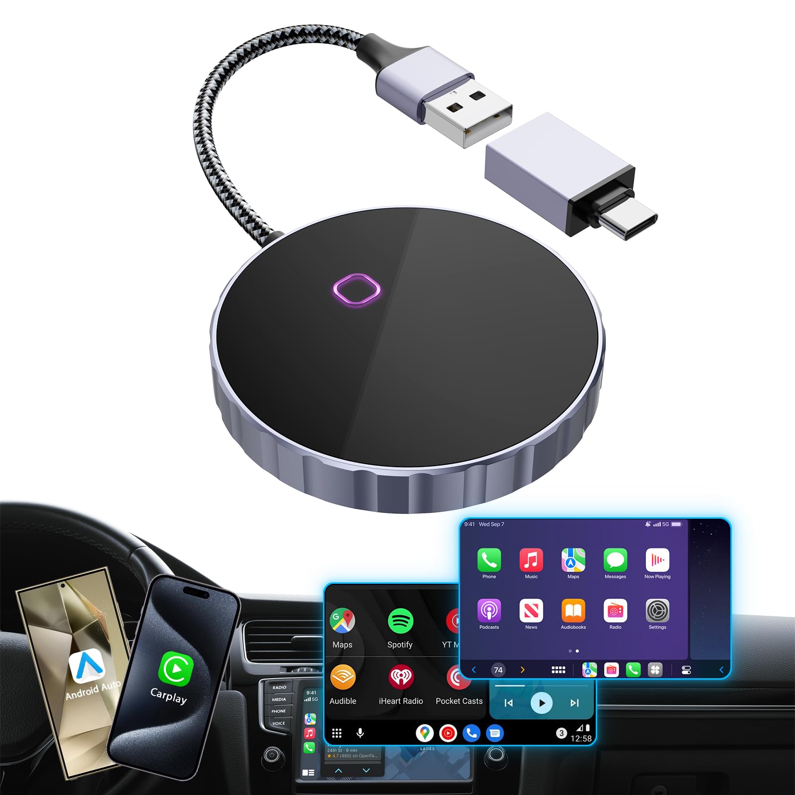 2024 Wireless CarPlay & Android Auto Adapter - 2-in-1 for Factory Wired Cars | Seamless Driving Connection