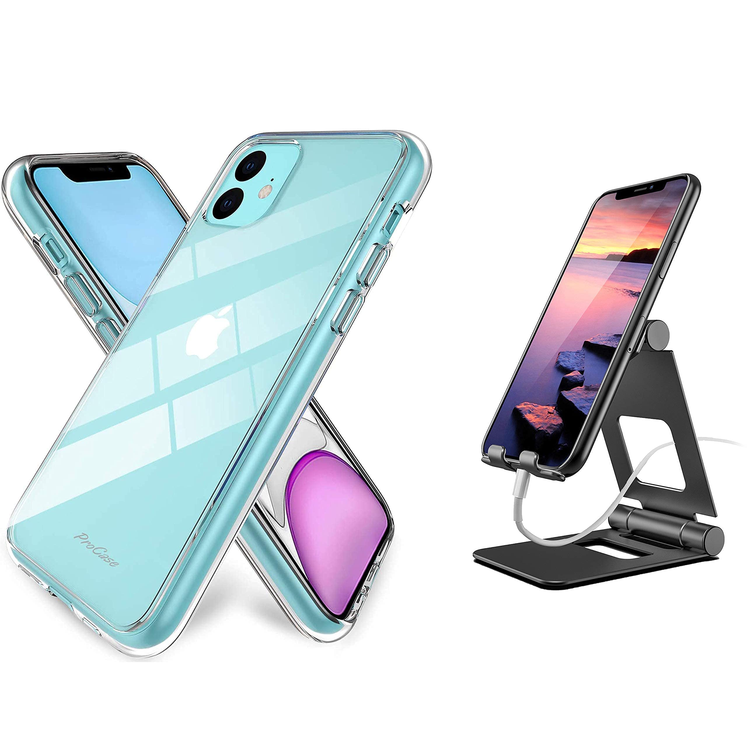ProCase iPhone 11 Clear Protective Case with Built-in Screen Protector & Black Foldable Stand - Perfect for Watching Videos, Video Calls, and Hands-Free Use at Home or Office