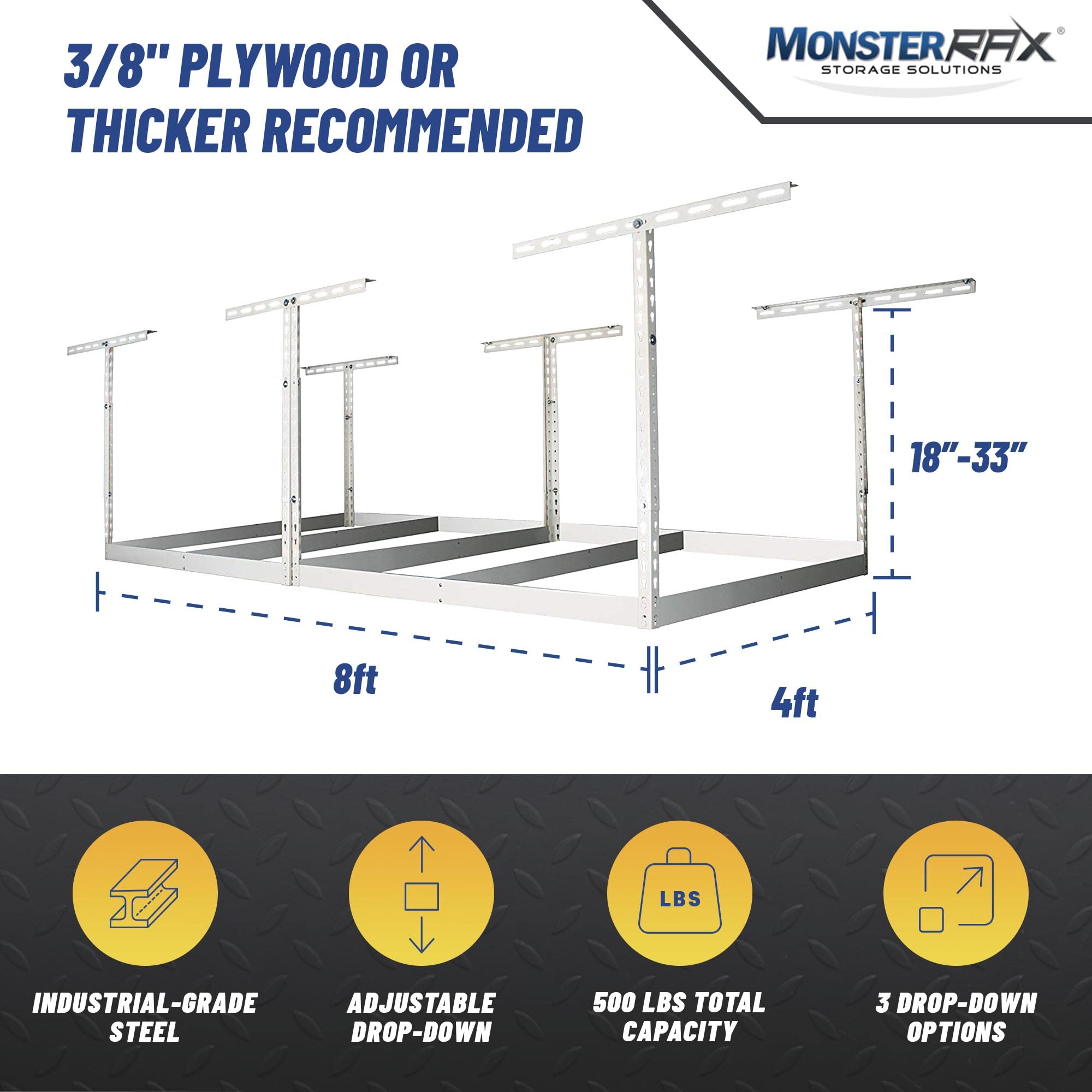 MonsterRax Overhead Storage Rack Kit - Heavy Duty Hanging Shelves for Garage, Attic & Basement Organization - White, 18