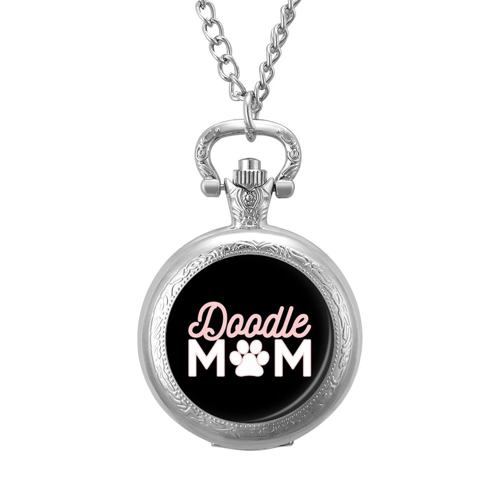 Stylish Doodle Mom Pocket Watch Necklace - Vintage Printed Pendant Watch with Chain for Men & Women | Perfect Gift for Anniversary, Birthday & Fashion Accessory
