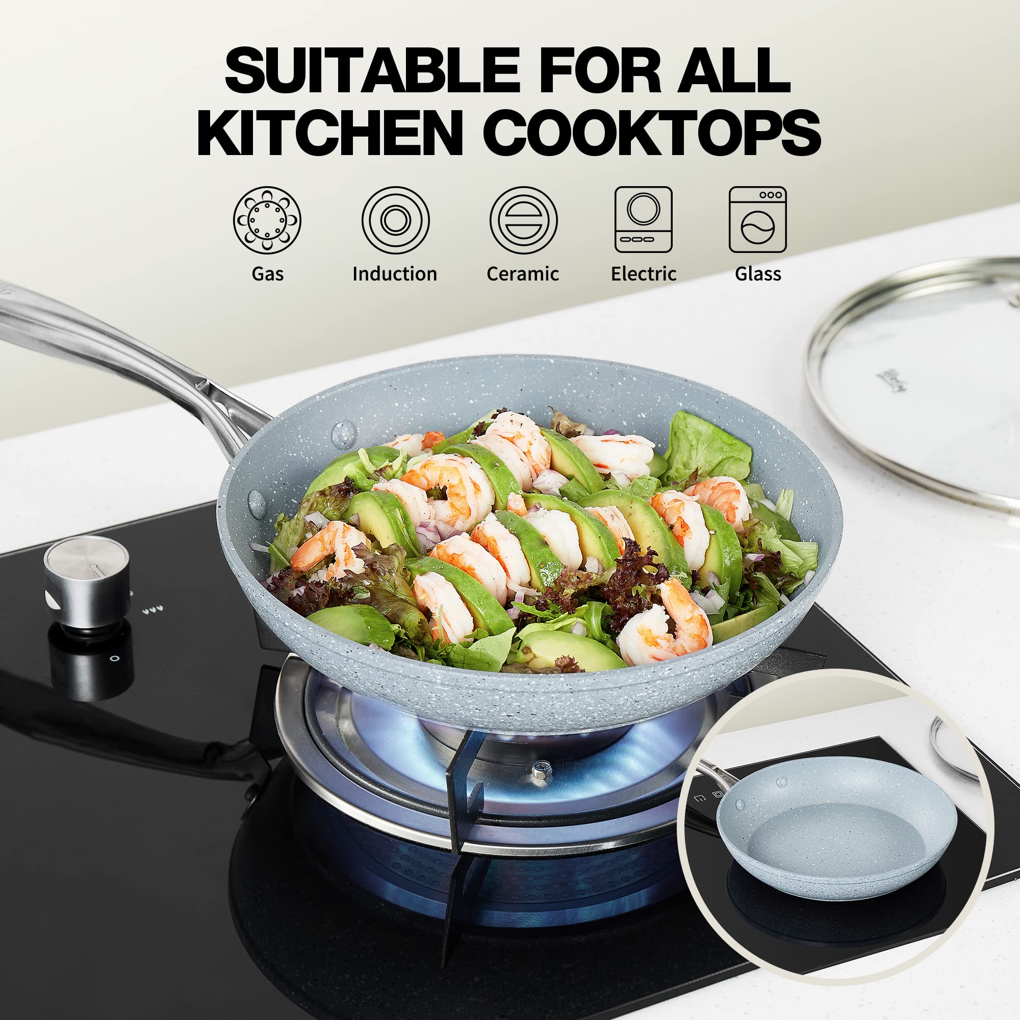 12 Inch Nonstick Frying Pan with Lid - Blue Marble Skillet with Stone-Derived Coating | APEO & PFOA Free, Oven & Induction Safe | Ergonomic Soft-Touch Handle for Sauteing, Frying & Baking | Perfect for Home Kitchen & Professional Use