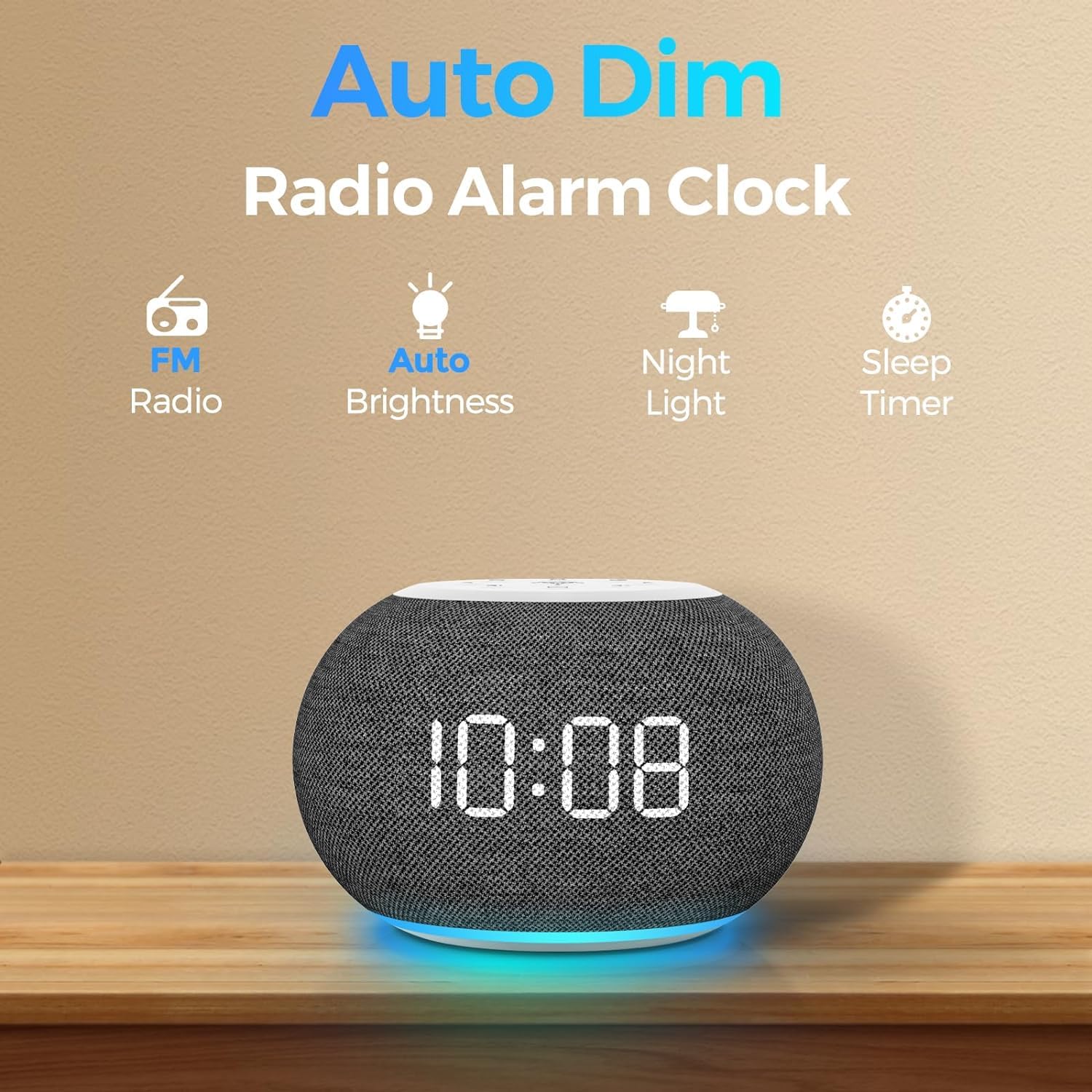 REACHER Auto Dimmable Alarm Clock Radio with FM Radio & 9-Color Night Light - Digital Bedside Clock with 0-100% Dimmer, 7 Wake Up Sounds & Sleep Timer - Perfect for Bedrooms, Home Office & Travel Use