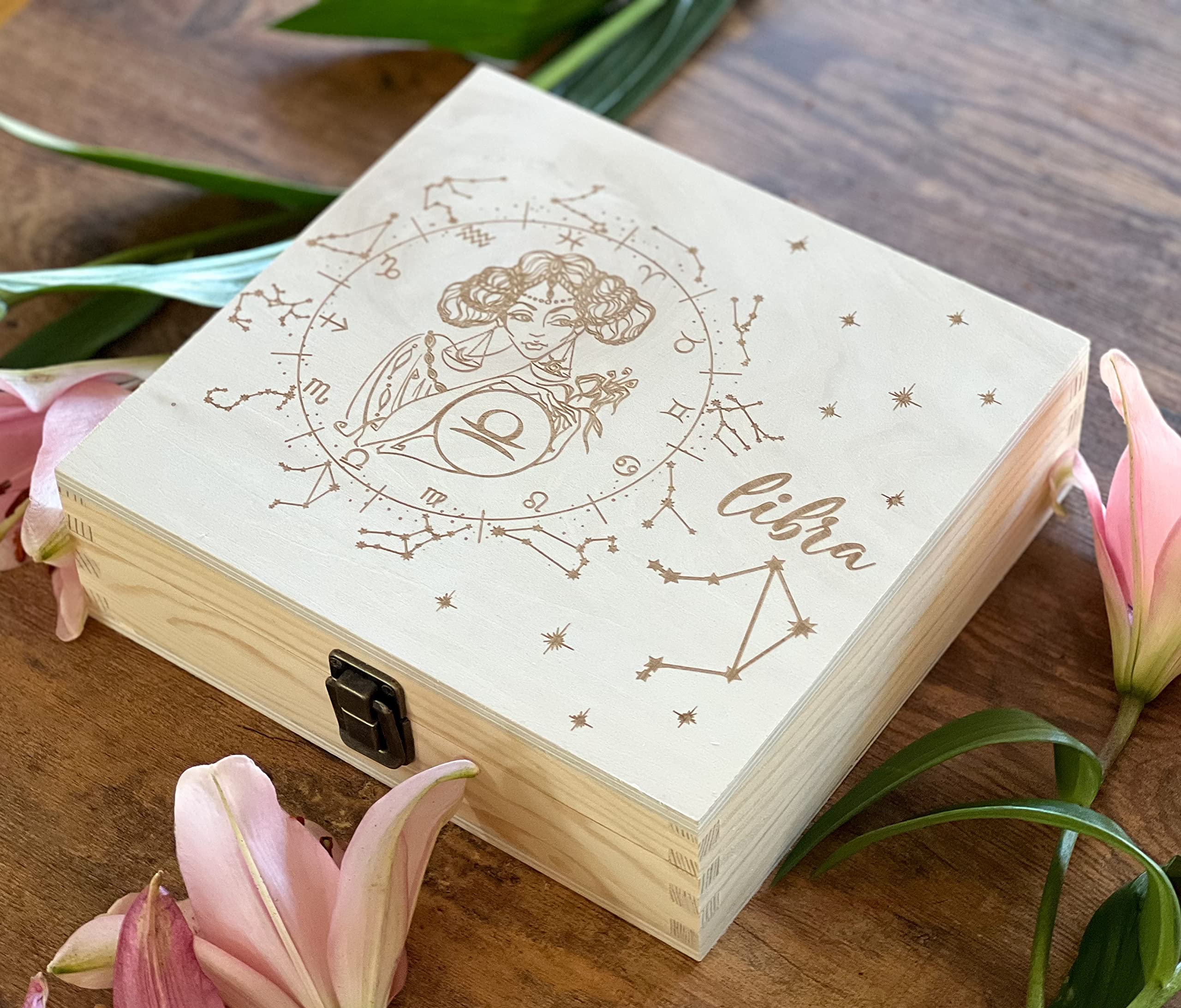 Libra Zodiac Sign Wooden Keepsake Box - Personalized Astrology Gift for Libra Birthday, Anniversary & Special Occasions - Engraved Treasure Box for Jewelry, Memories & Collectibles