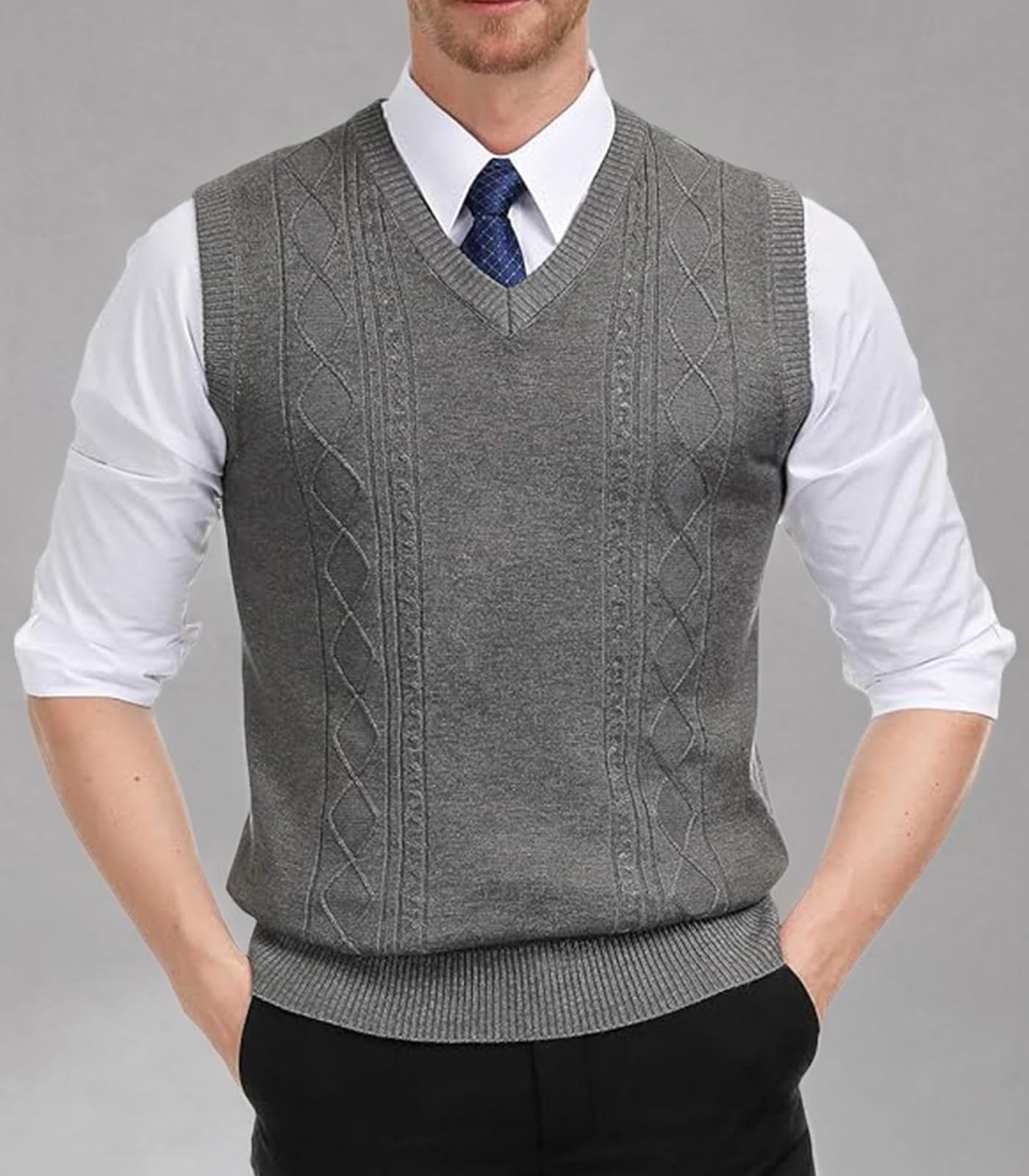 PJ PAUL JONES Men's Slim Fit V-Neck Cable Knit Sweater Vest - Warm Winter Pullover for Office, Casual Outfits & Layering