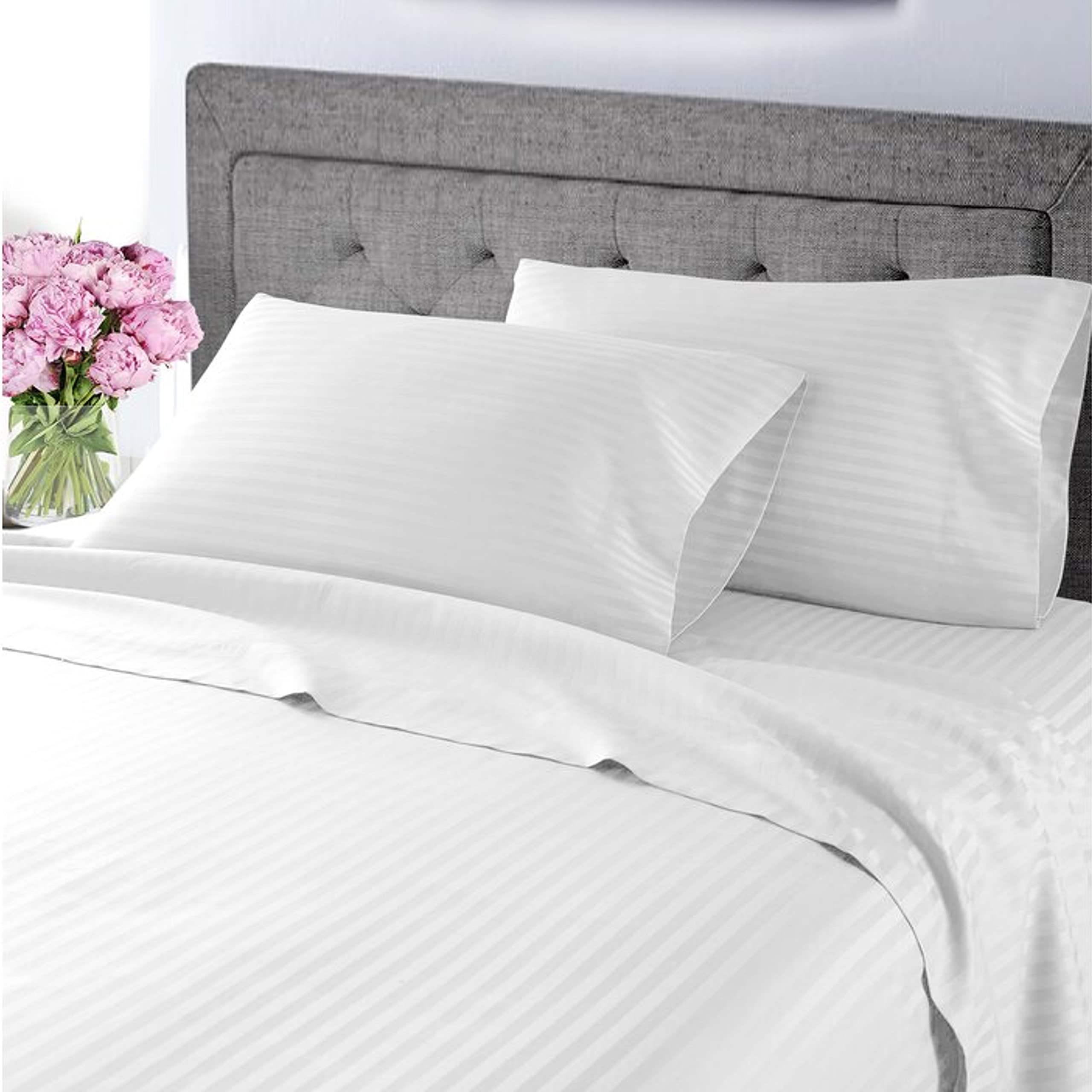 Premium 100% Certified Giza Cotton Pillowcase & Sheet Set - Queen Size, Soft Sateen Weave, Breathable Egyptian Cotton, Fits Up to 18-Inch Deep Pockets (White Stripe) - Perfect for Luxury Bedrooms, Hotels, and Guest Rooms