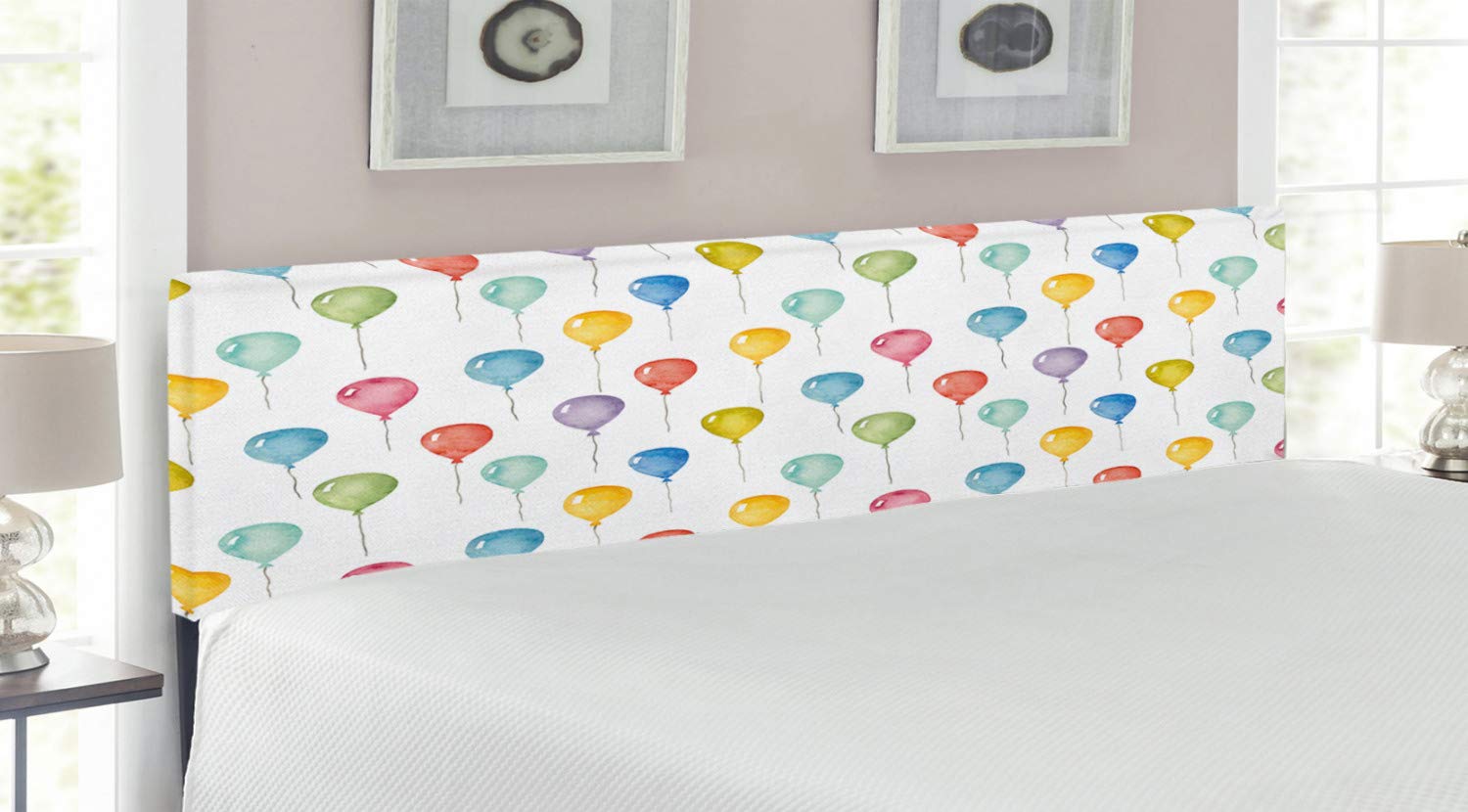Ambesonne Colorful King Size Upholstered Headboard - Decorative Metal Bed Frame with Memory Foam, Vibrant Festival Balloon Watercolor Design, Perfect for Bedroom Decor & Guest Room Upgrade