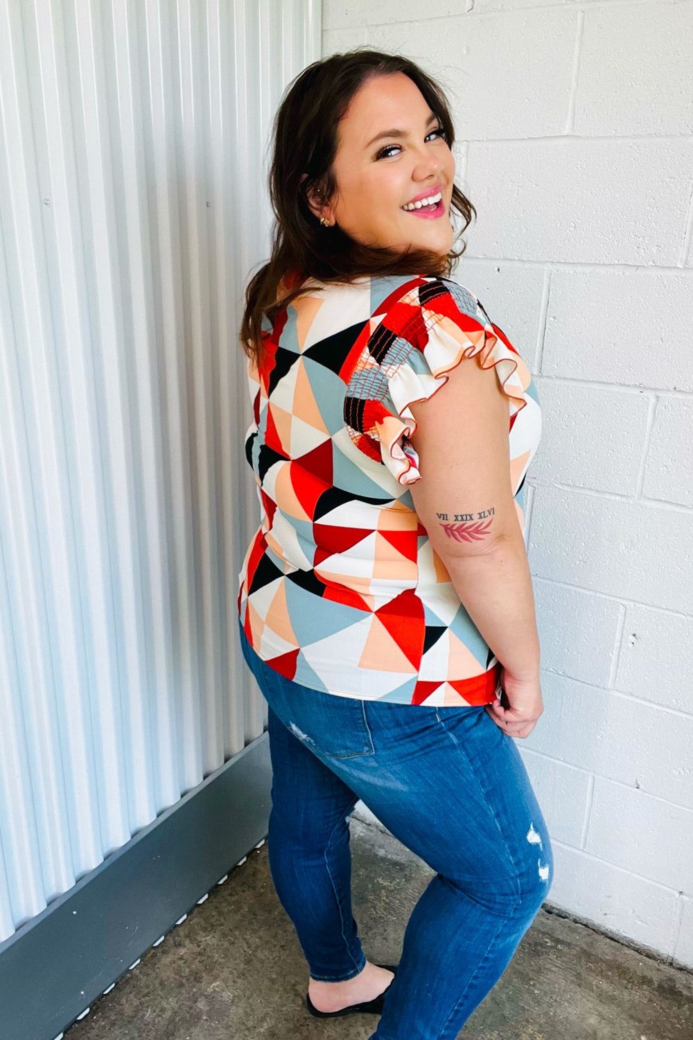 Stylish Burnt Orange Geo Print Smocked Ruffle Sleeve Blouse for Women | Trendy Casual & Party Wear | Perfect for Date Nights, Office Outfits & Summer Fashion
