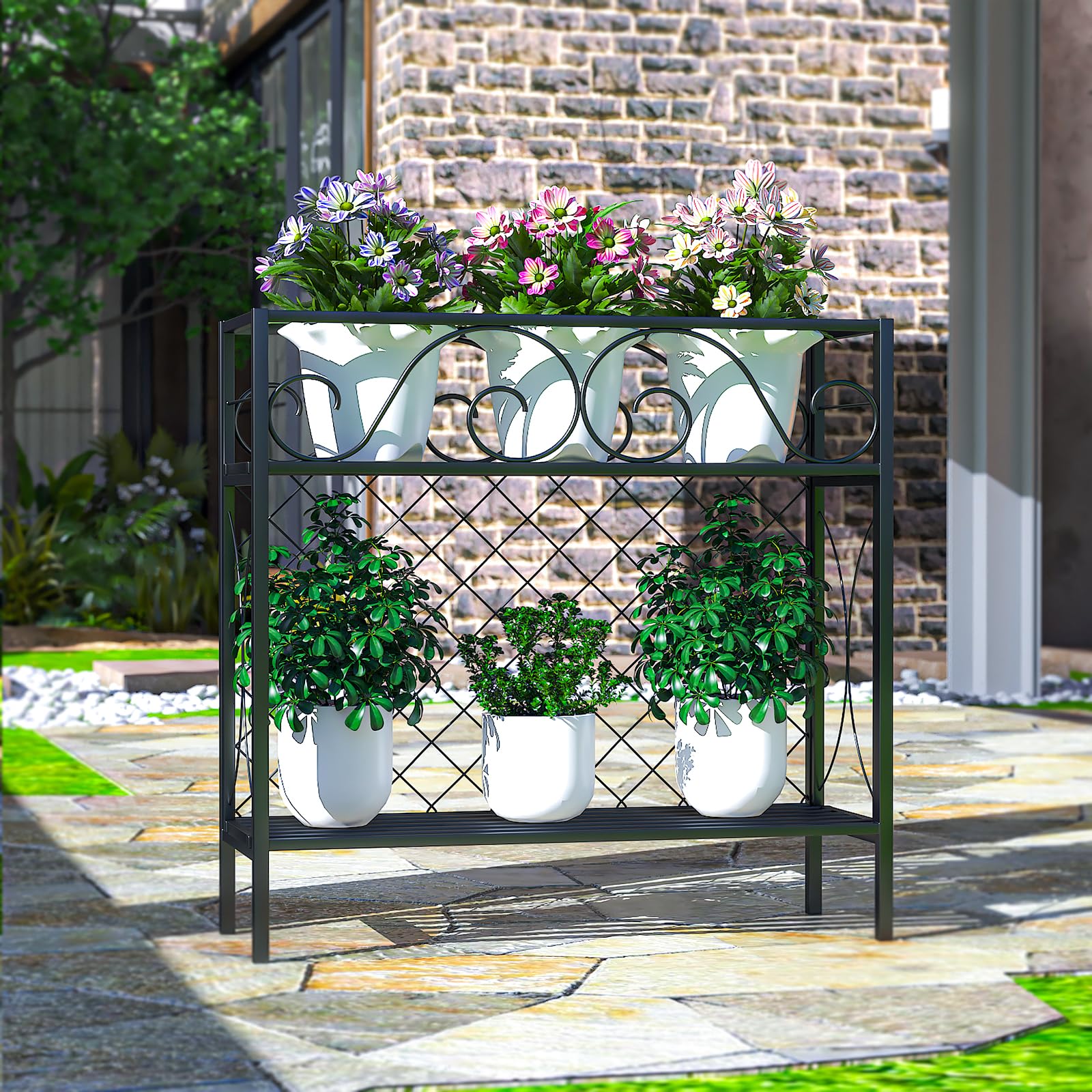 2 Tier Heavy Duty Metal Plant Stand - Indoor Outdoor Potted Plant Shelf with Privacy Railing Panels - Sturdy Planter for Small Spaces, Raised Garden Bed for Vegetables & Flowers - Perfect for Backyard, Patio, Balcony & Home Decor