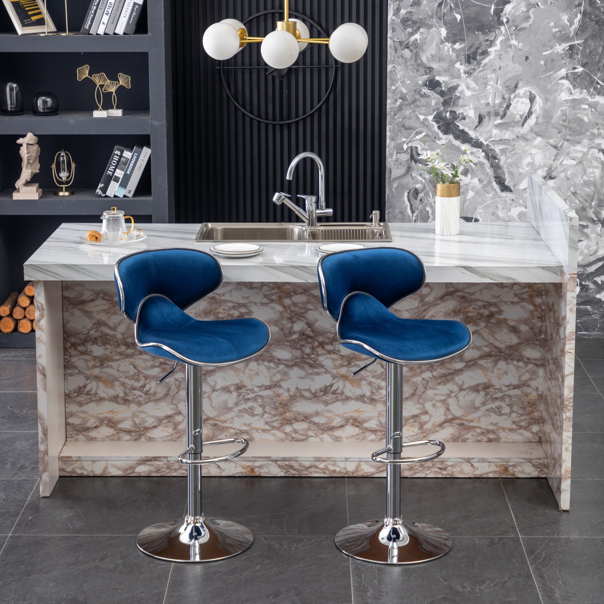 Roundhill Furniture Masaccio Velvet Upholstered Adjustable Swivel Bar Stool - Set of 2 Blue Counter Height Stools for Kitchen Island, Bar, or Breakfast Nook