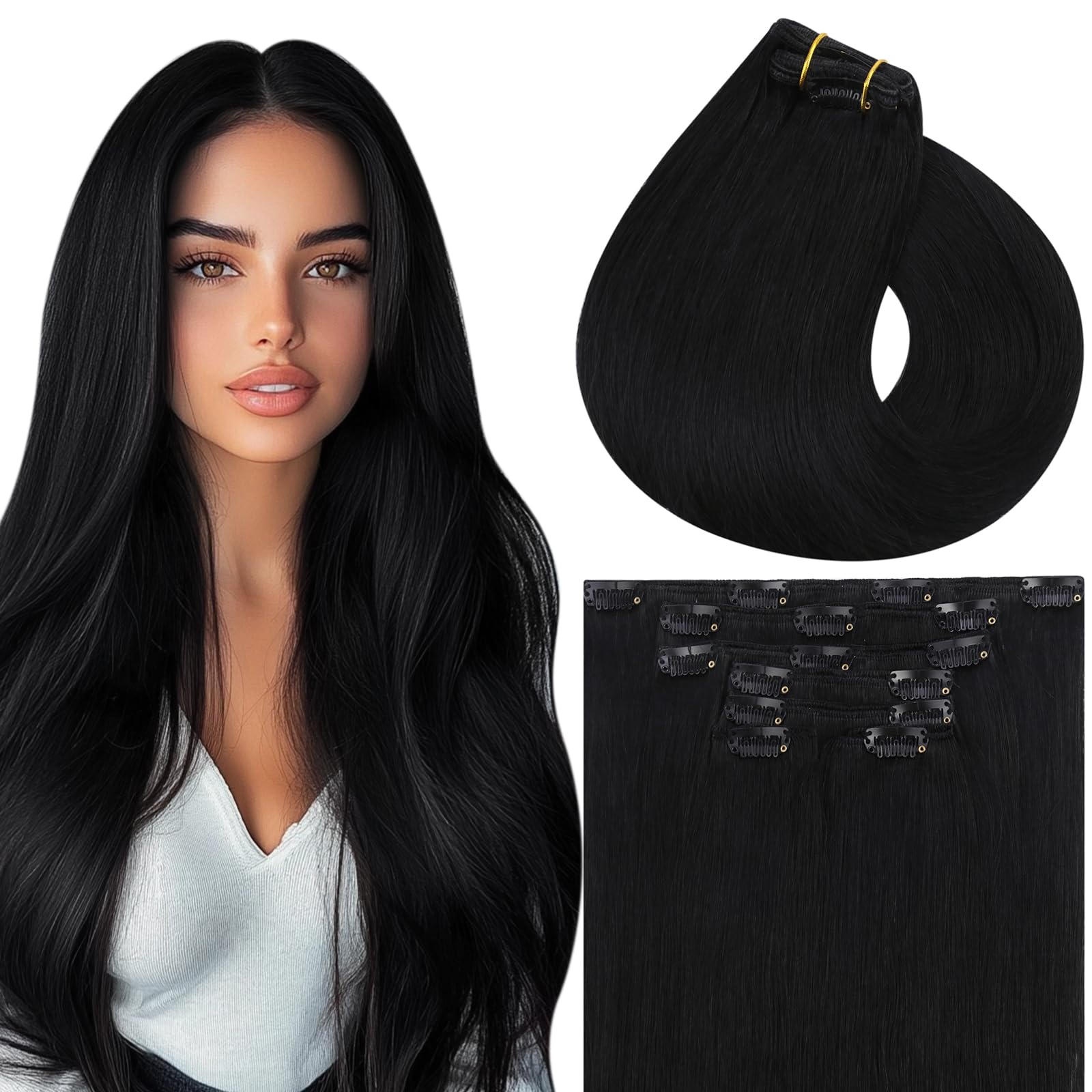 Vivien Black Clip-In Remy Hair Extensions 18 Inch – Real Human Hair, Jet Black, Double Weft, Invisible Clip, 7pcs (120g) for Natural Volume & Length – Perfect for Parties, Weddings & Daily Styling