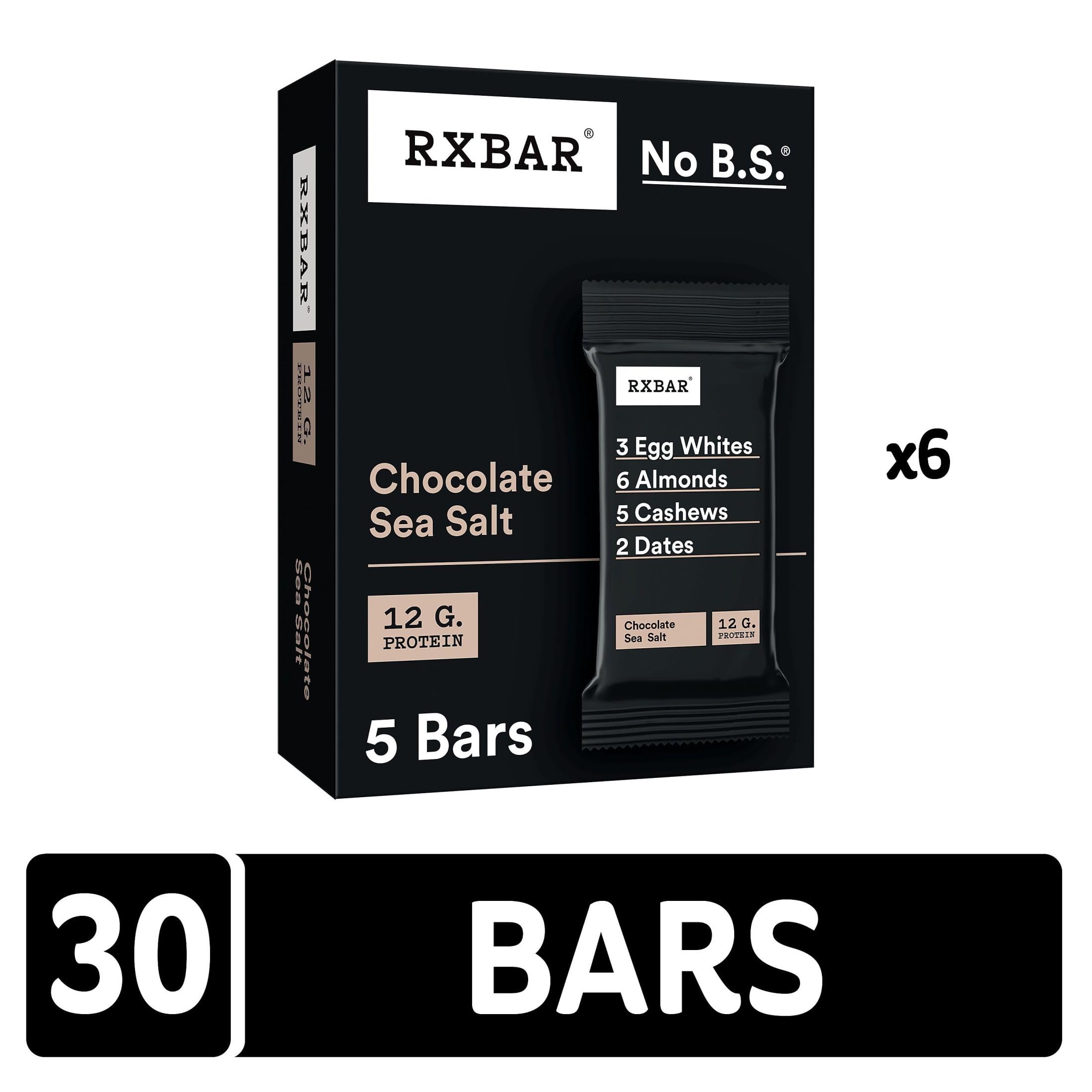RXBAR Protein Bars - 12g Protein, Gluten Free, Dairy Free, No Added Sugar, Chocolate Sea Salt Flavor (6 Pack, 30 Bars) - Healthy Snack for Workouts, Hiking & On-the-Go Nutrition