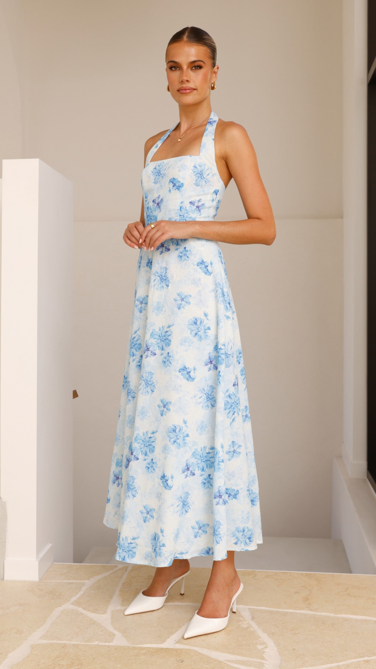 Mady Maxi Dress - Blue Floral Print Long Summer Dress for Women, Beach Vacation & Casual Outings
