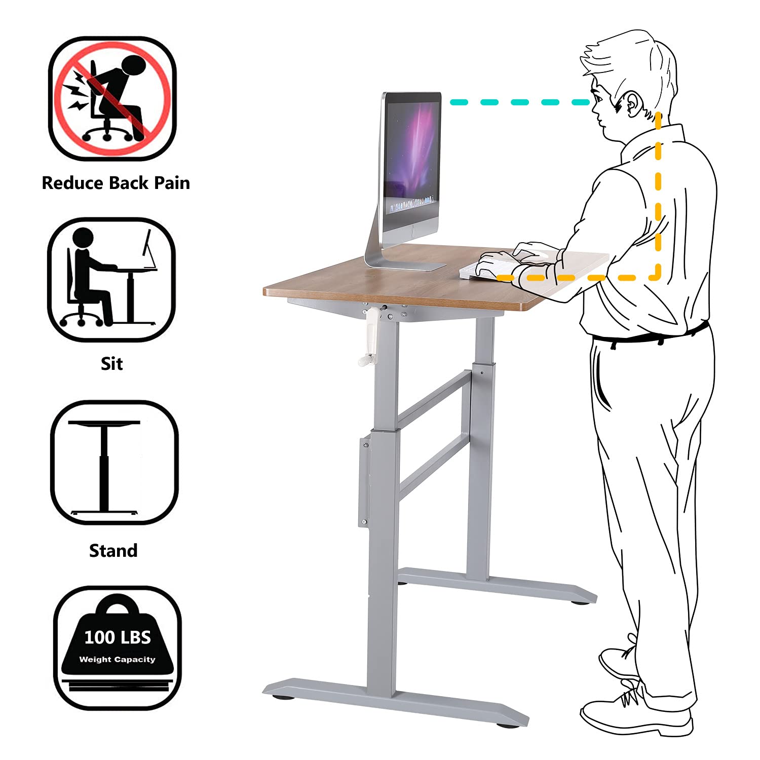 UNICOO Manual Standing Desk - Adjustable Height Heavy Duty Gaming & Computer Desk with Crank Mechanism & Headphone Hook, 48 x 24 Inches (SYK01-Grey Oak) - Perfect for Home Office, Gaming Setup & Workspace Ergonomics