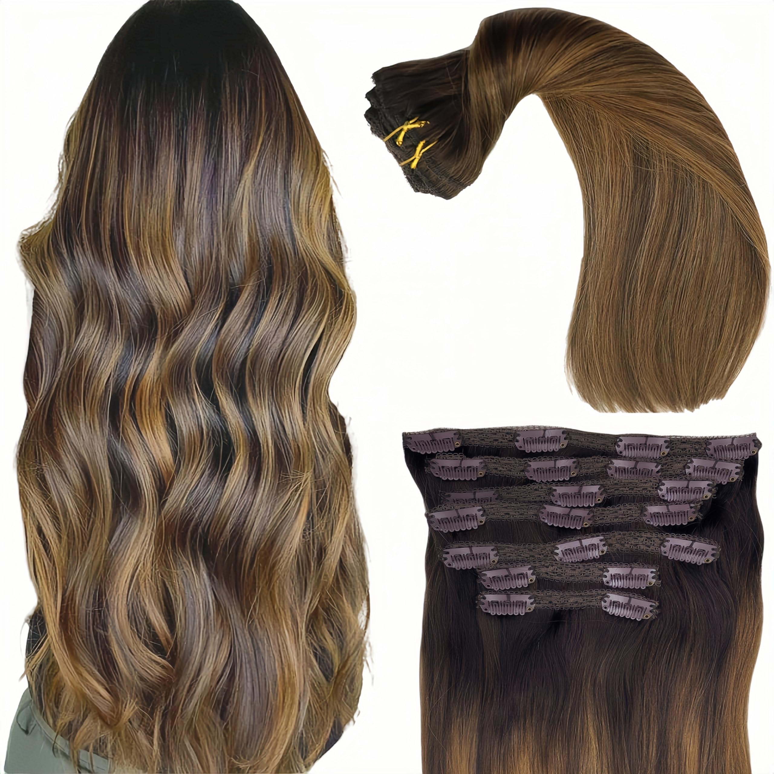 20 Inch Real Human Hair Clip In Extensions - 120g Ombre Piano Color (Dark Brown Roots/Chestnut Blonde Highlights) - Double Wefted, Silky Soft for Volume & Length - Perfect for Parties, Weddings & Daily Styling