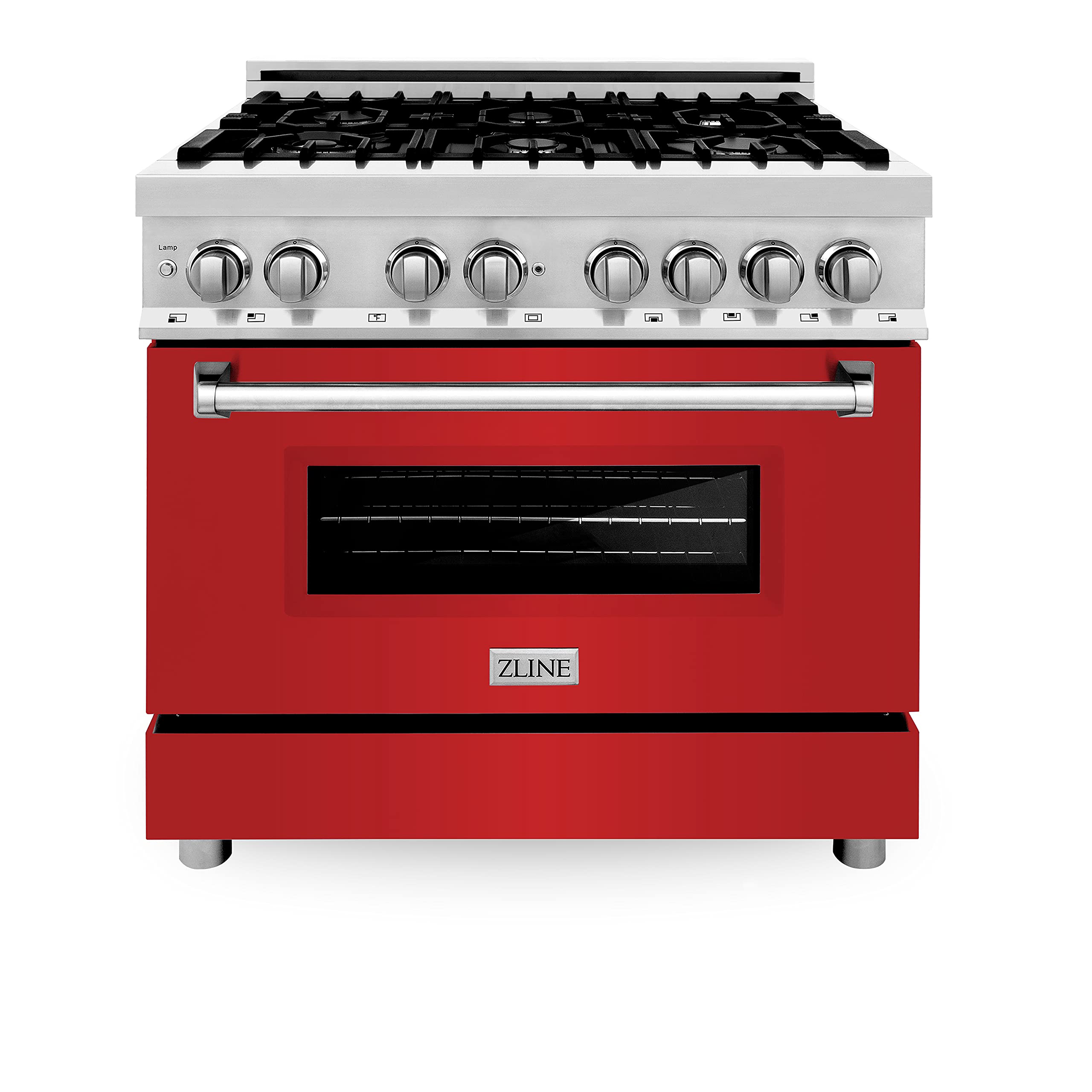ZLINE 36-inch 4.6 cu.ft Stainless Steel Dual Fuel Range with 6-Burner Gas Cooktop & Electric Convection Oven - Red Matte Door (RA-RM-36) | Perfect for Professional Home Kitchens & Modern Cooking Enthusiasts