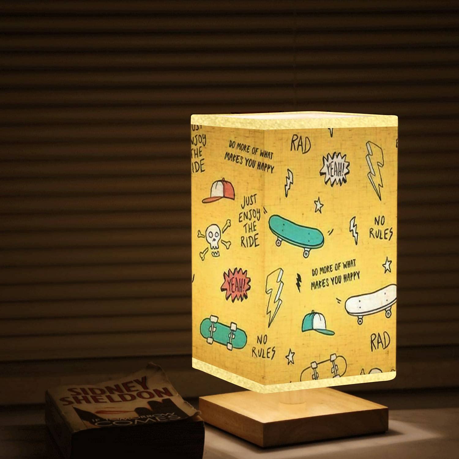 Hand-Painted Skateboard Design Dimmable Nightstand Lamp - Wooden Base with Flaxen Fabric Shade for Bedroom & Living Room | Perfect for Skate Enthusiasts' Home Decor