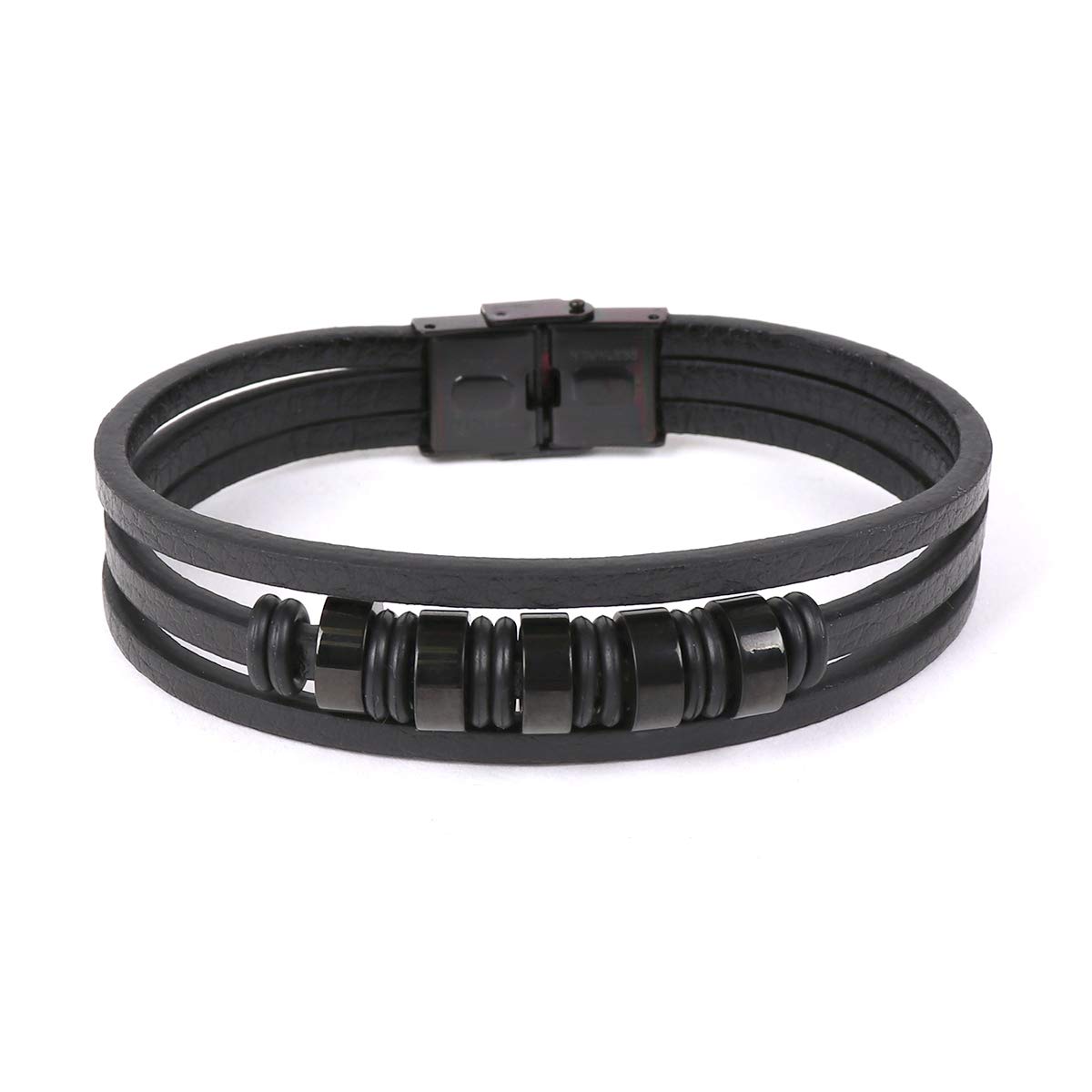 Men's Black Leather Watch & 2 Beaded Stone Bracelets Gift Set for Him - Perfect for Casual Wear, Date Nights and Special Occasions