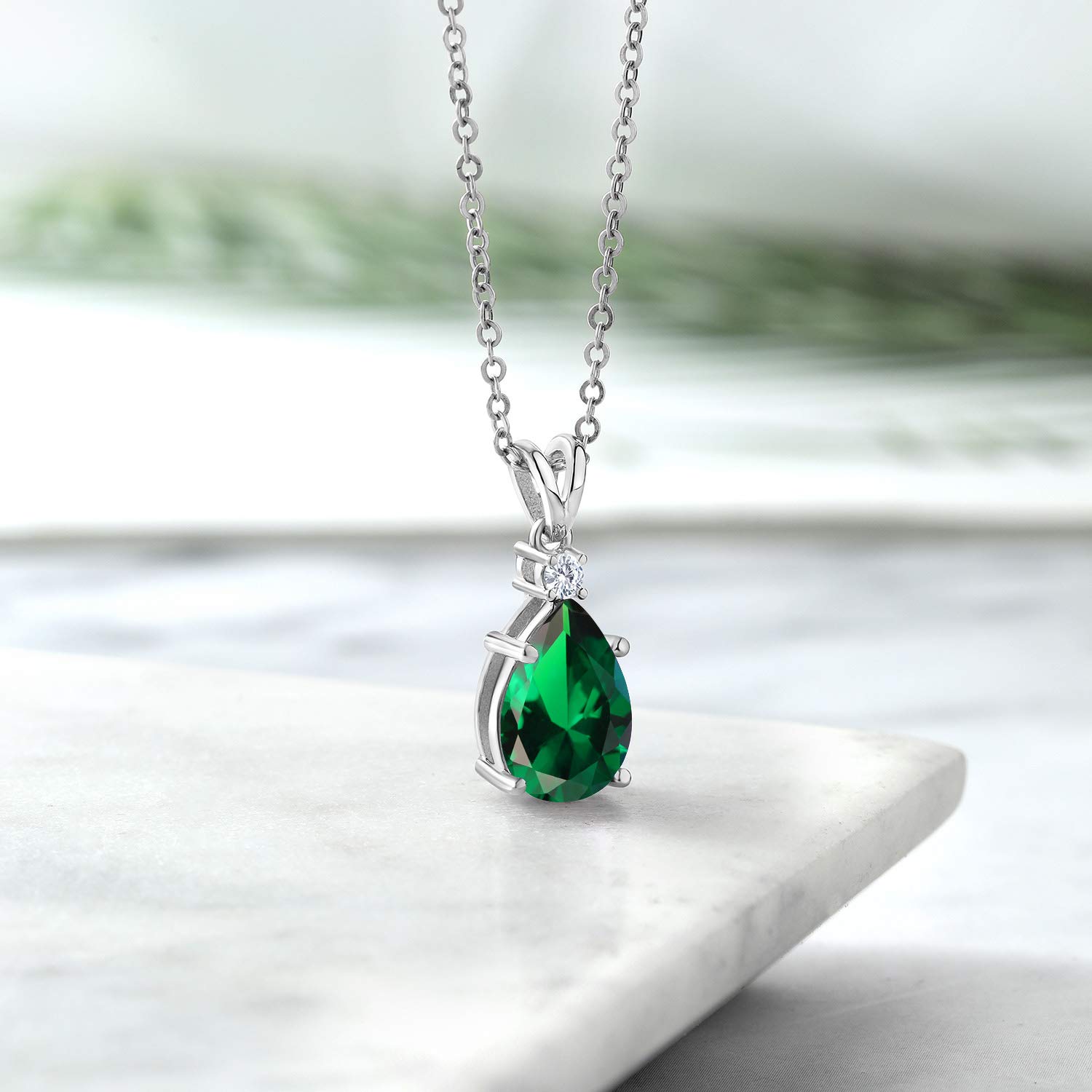 925 Sterling Silver Green Nano Emerald & White Lab-Grown Diamond Teardrop Pendant Necklace for Women | 2.51 CTTW Pear Shape 12x8mm | 18